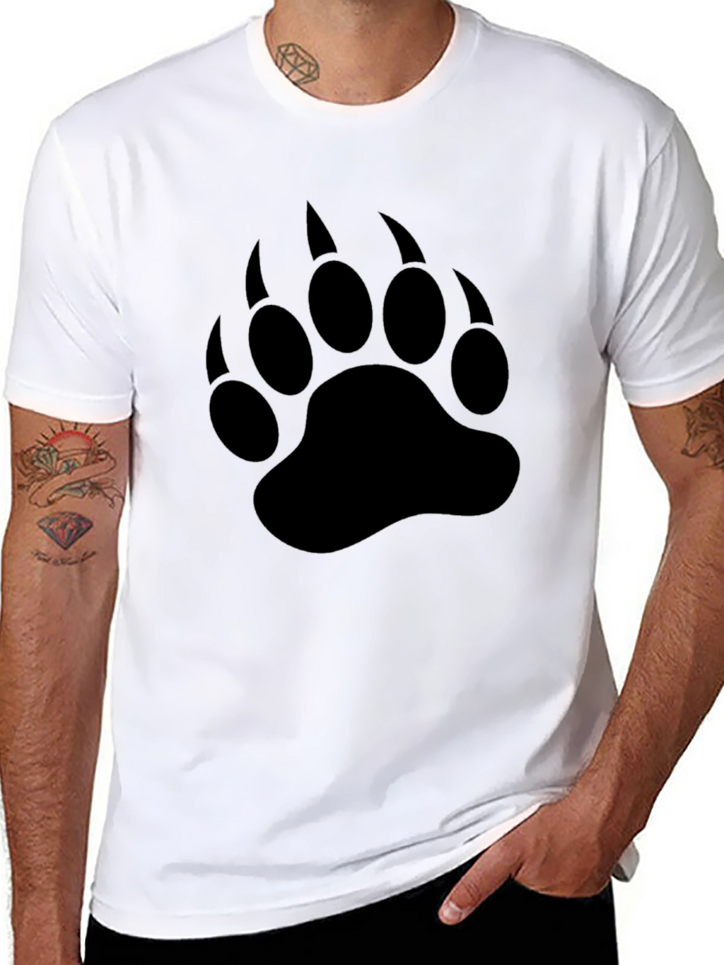 Bear Paw Print T-Shirt - Black Crew Neck Tee