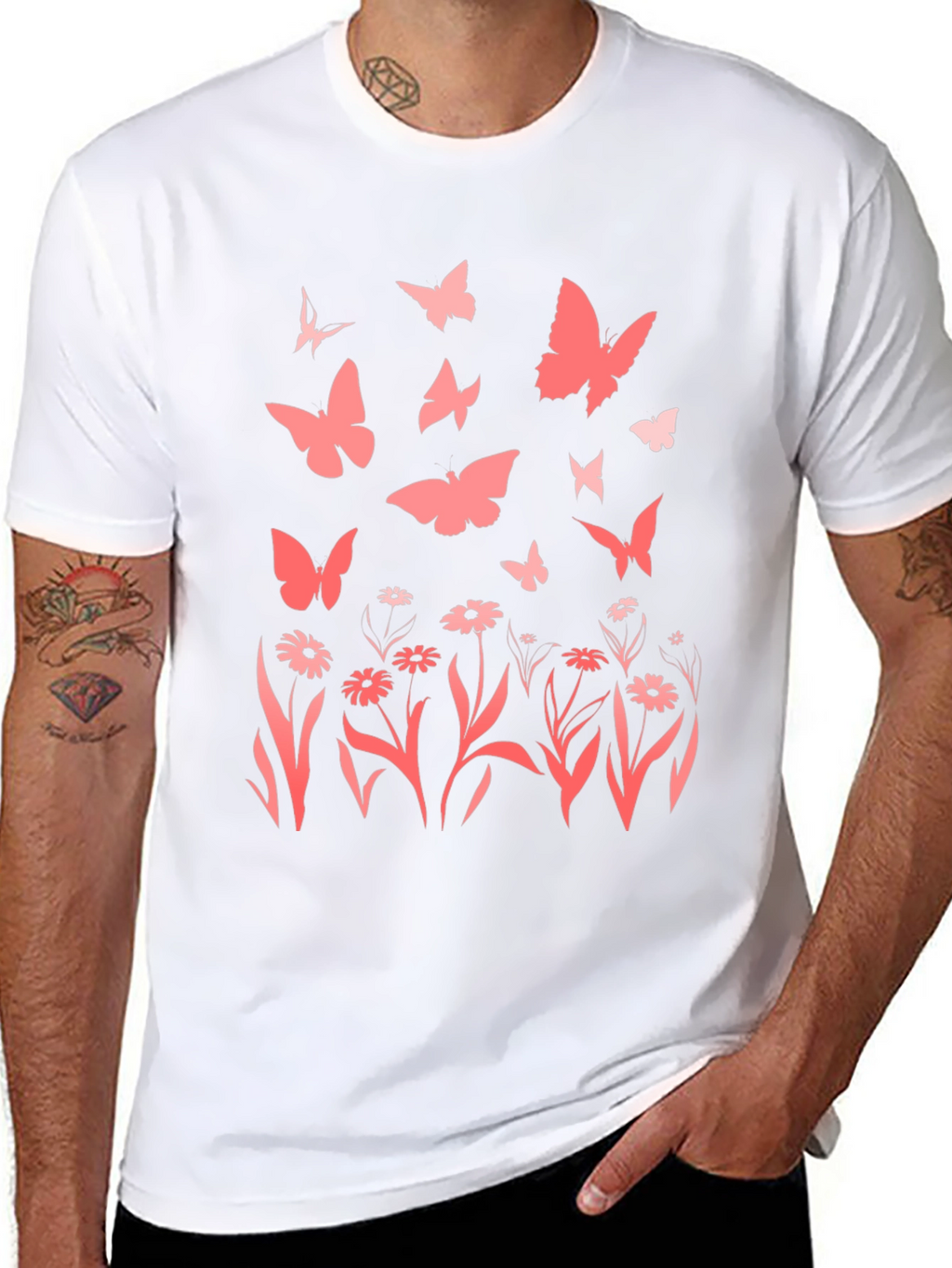 Butterfly & Floral Print Black T-Shirt