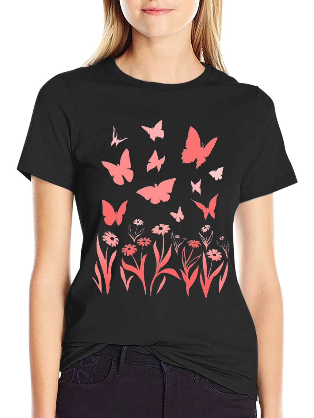 Butterfly & Floral Print Black T-Shirt