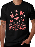 Butterfly & Floral Print Black T-Shirt