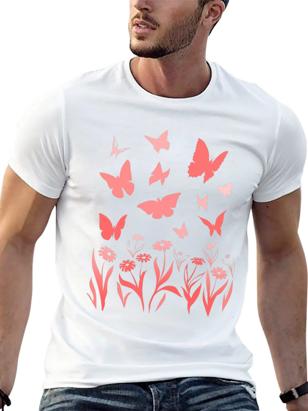 Butterfly & Floral Print Black T-Shirt
