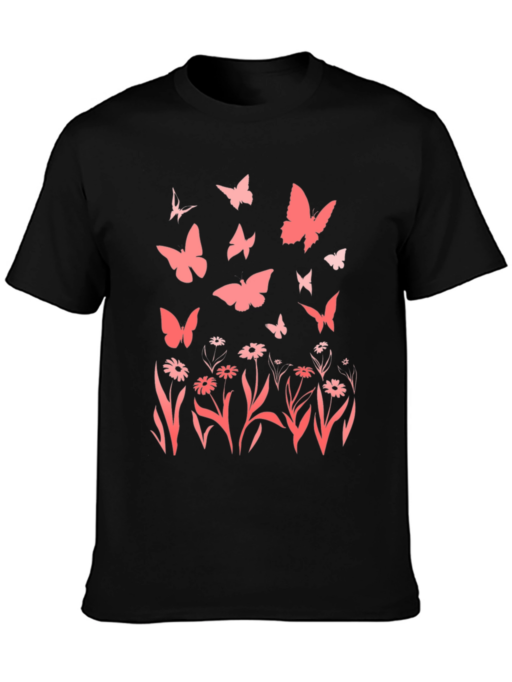 Butterfly & Floral Print Black T-Shirt
