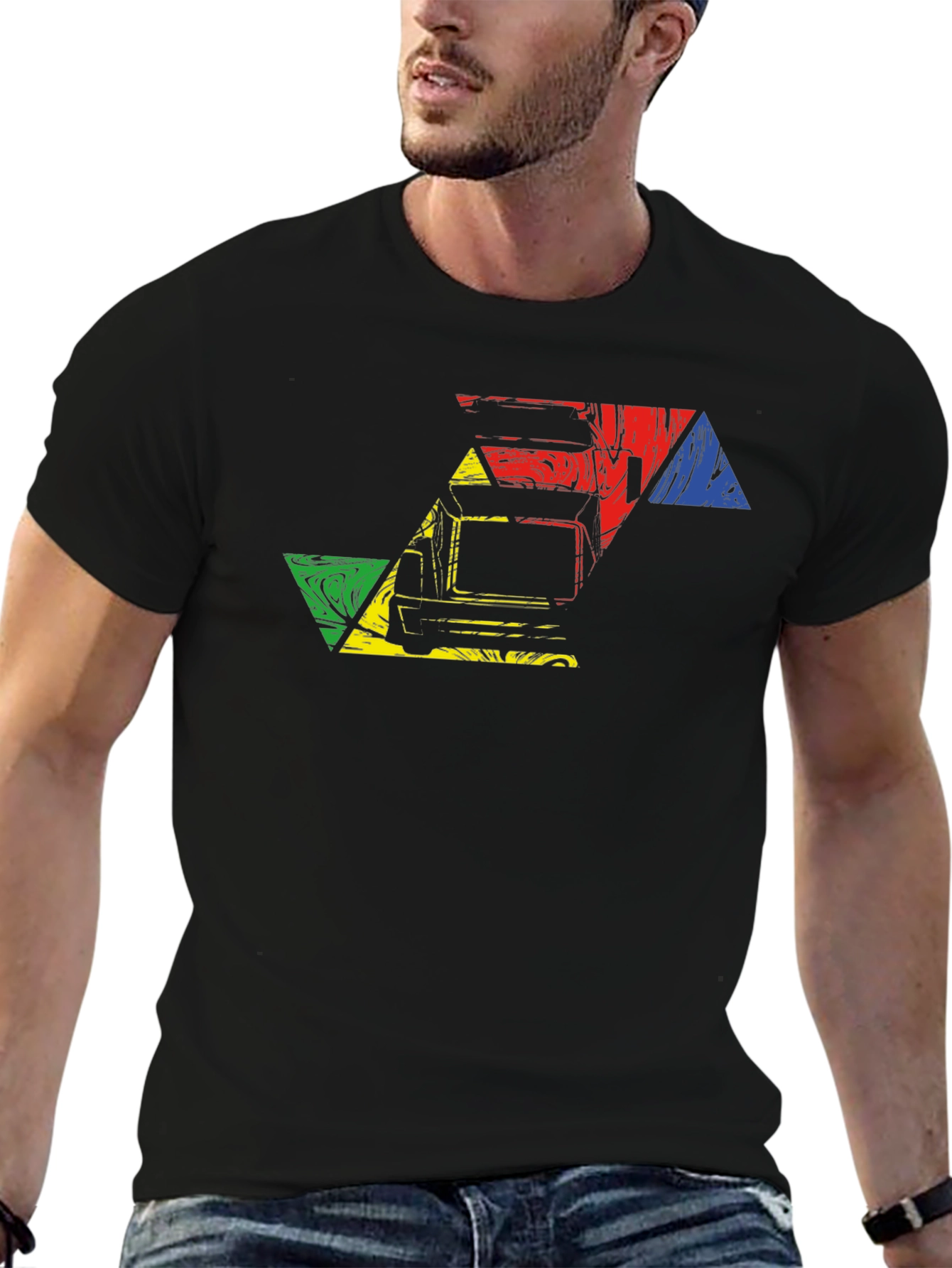 Retro Van Geometric Design Black T-Shirt