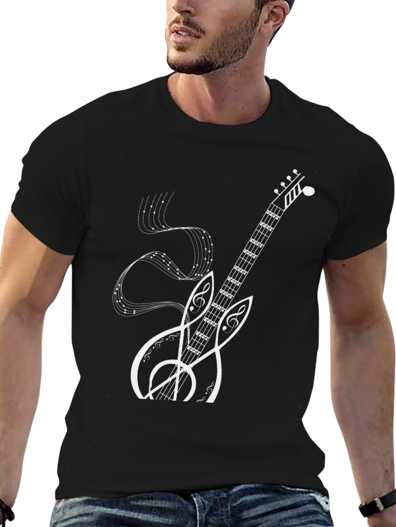 Musical Guitar Graphic Tee - Black Cotton Shirt