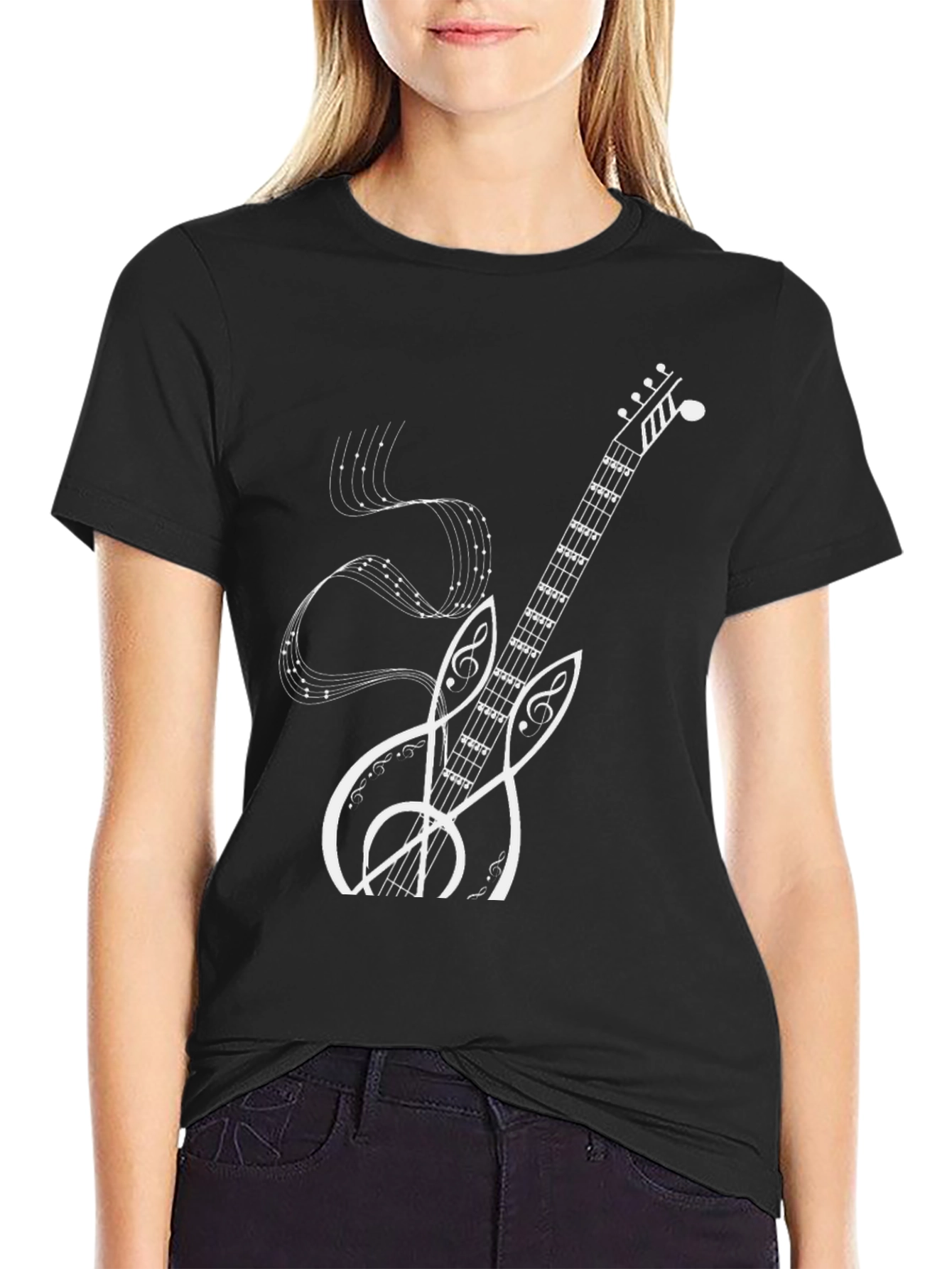Musical Guitar Graphic Tee - Black Cotton Shirt