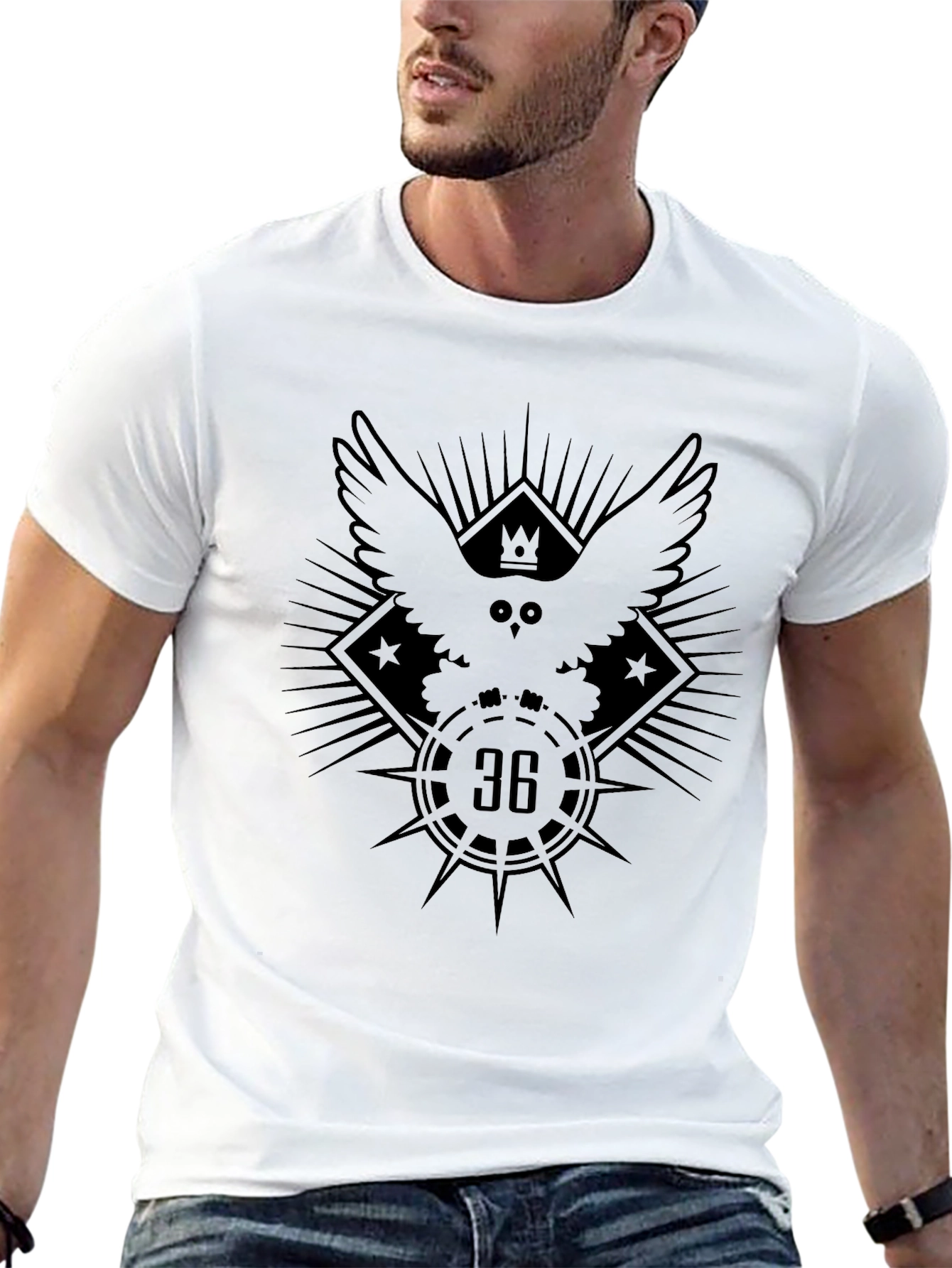 Mens Black T-Shirt with Owl and 36 Design