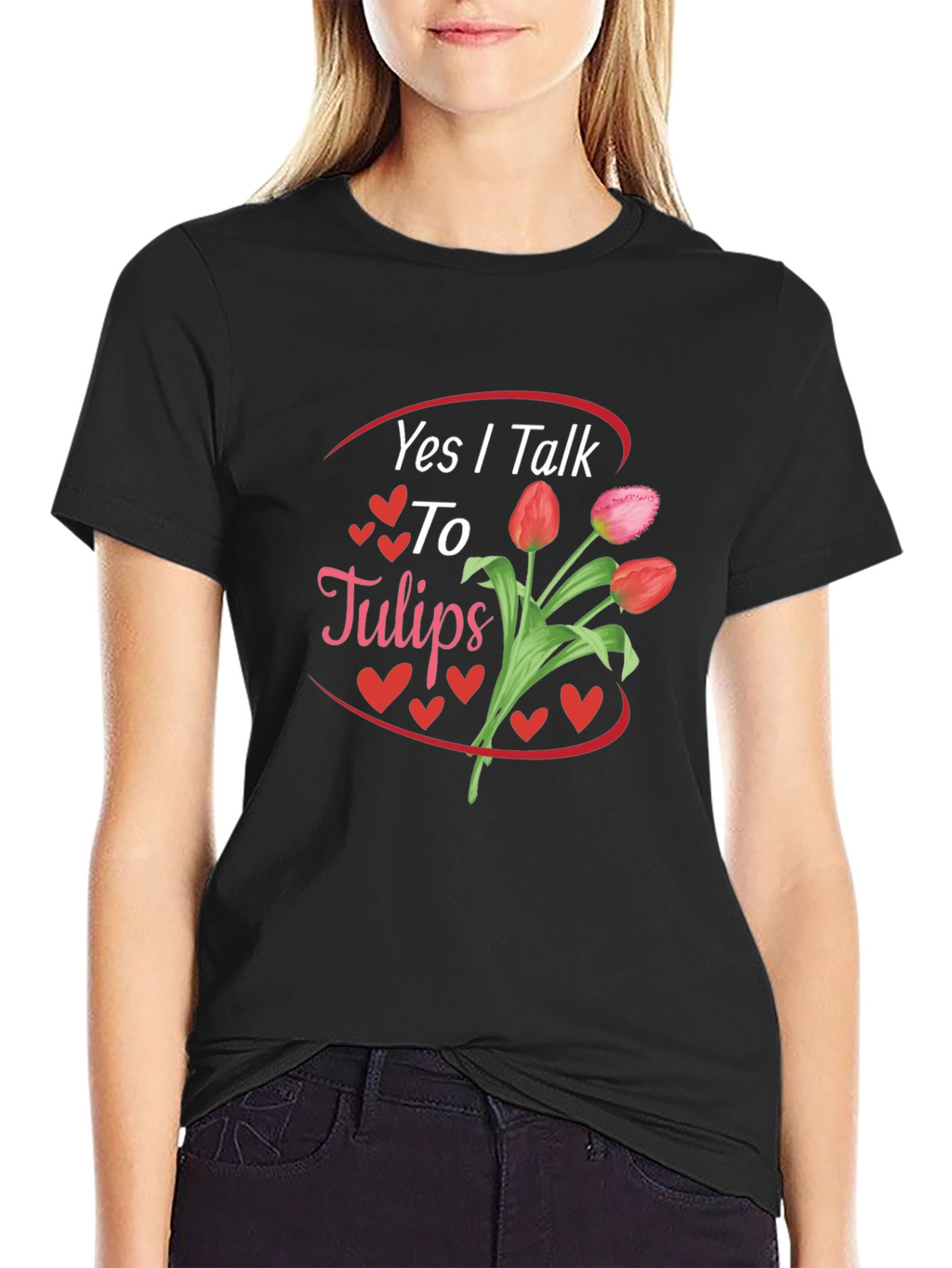Yes I Talk to Tulips Black Graphic Tee