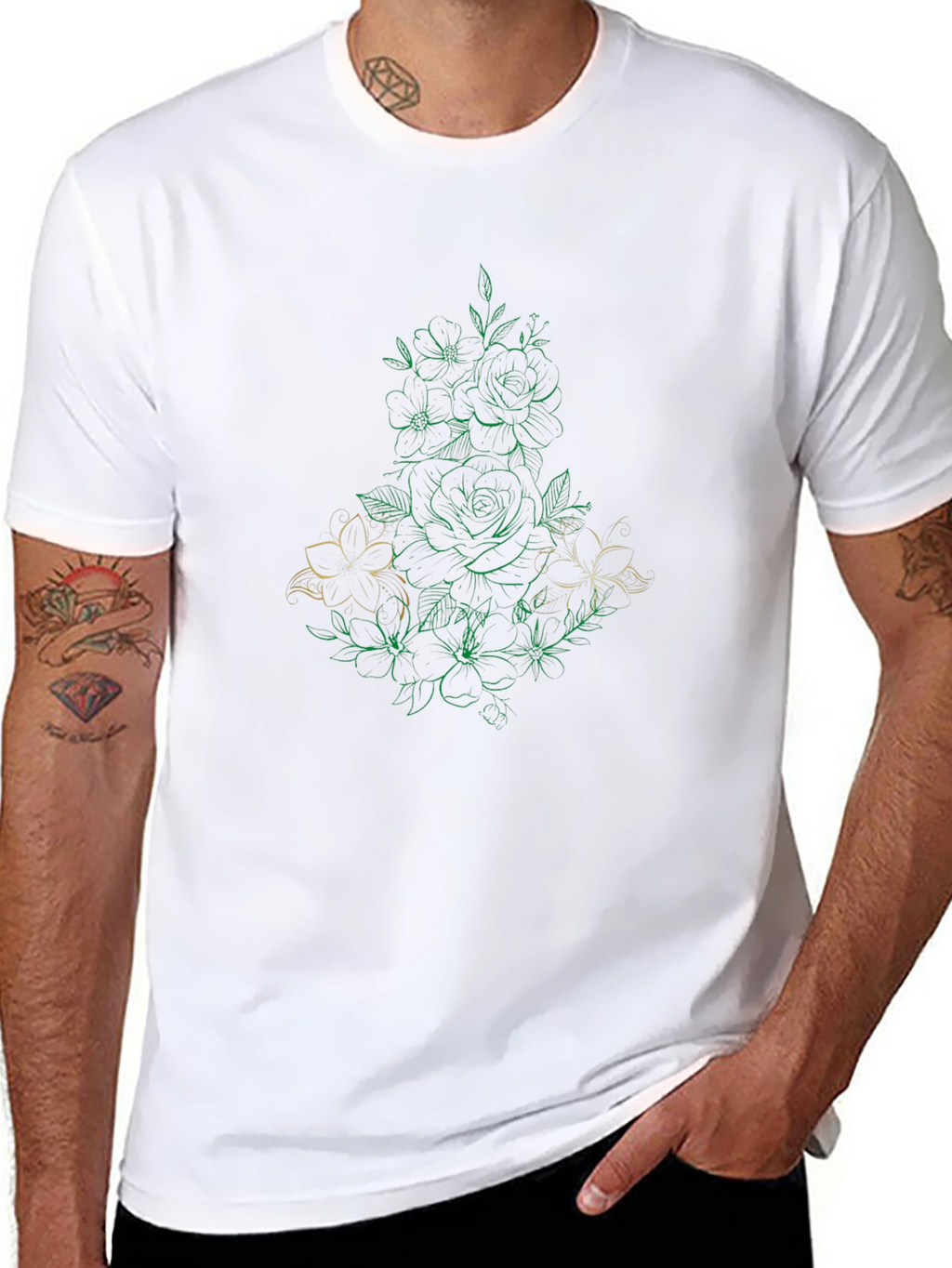 Floral Line Art Black T-Shirt