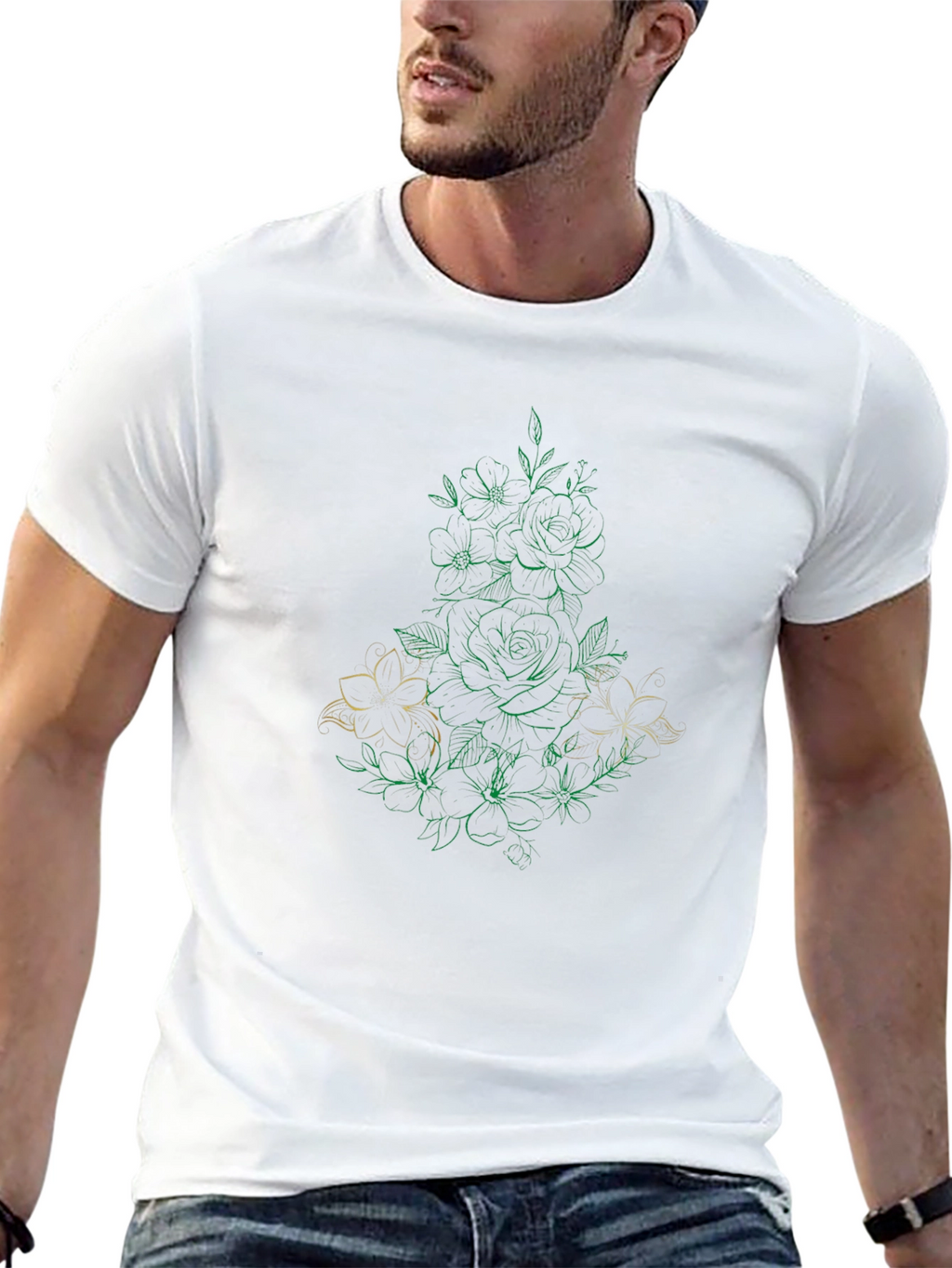 Floral Line Art Black T-Shirt