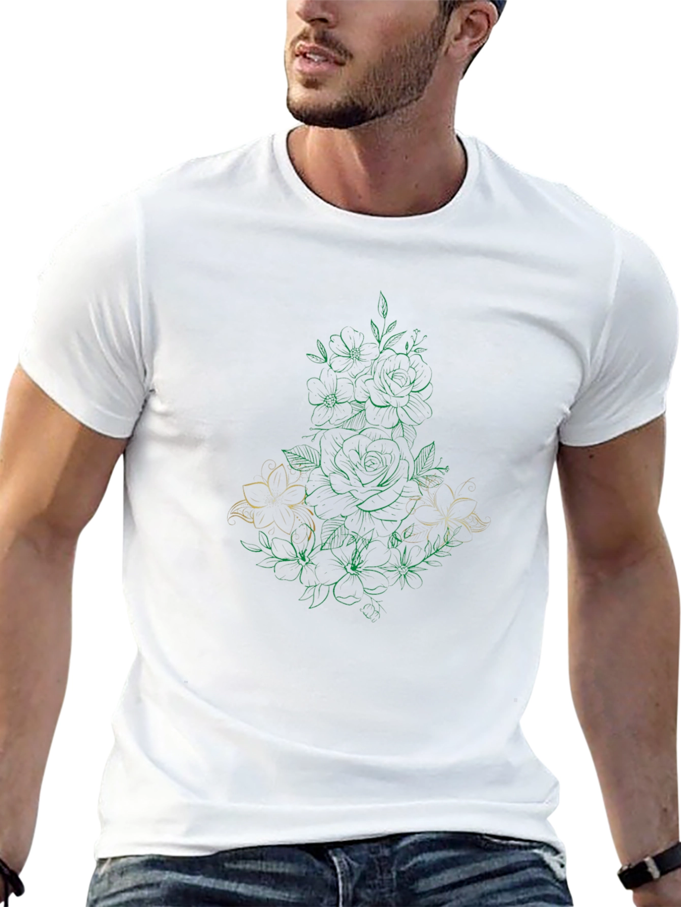Floral Line Art Black T-Shirt
