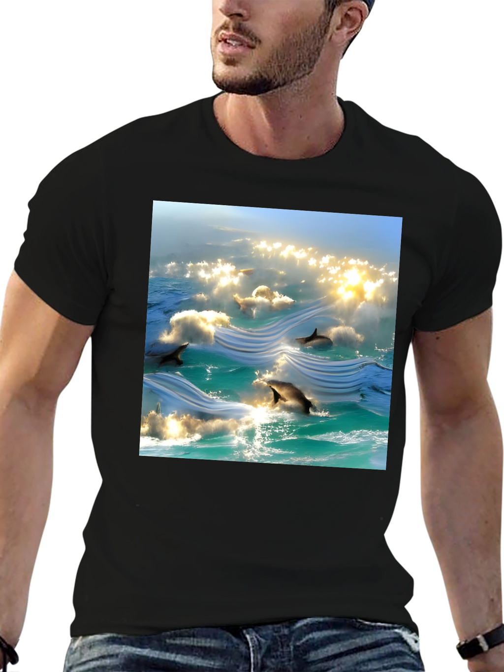 Ocean Dolphins T-Shirt - Black Cotton Tee