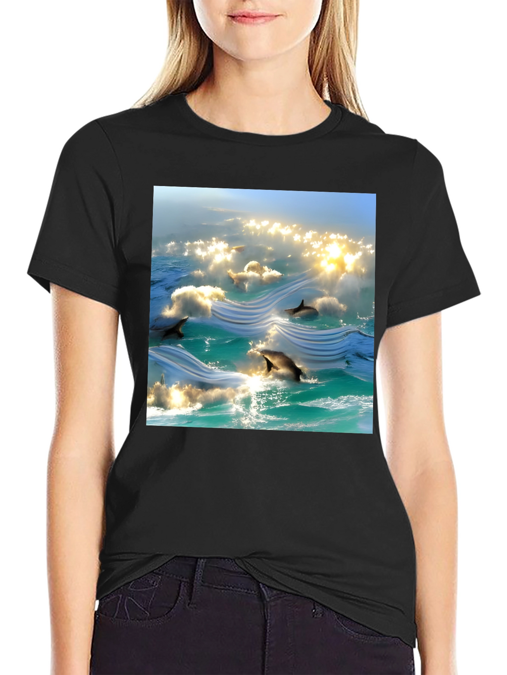 Ocean Dolphins T-Shirt - Black Cotton Tee