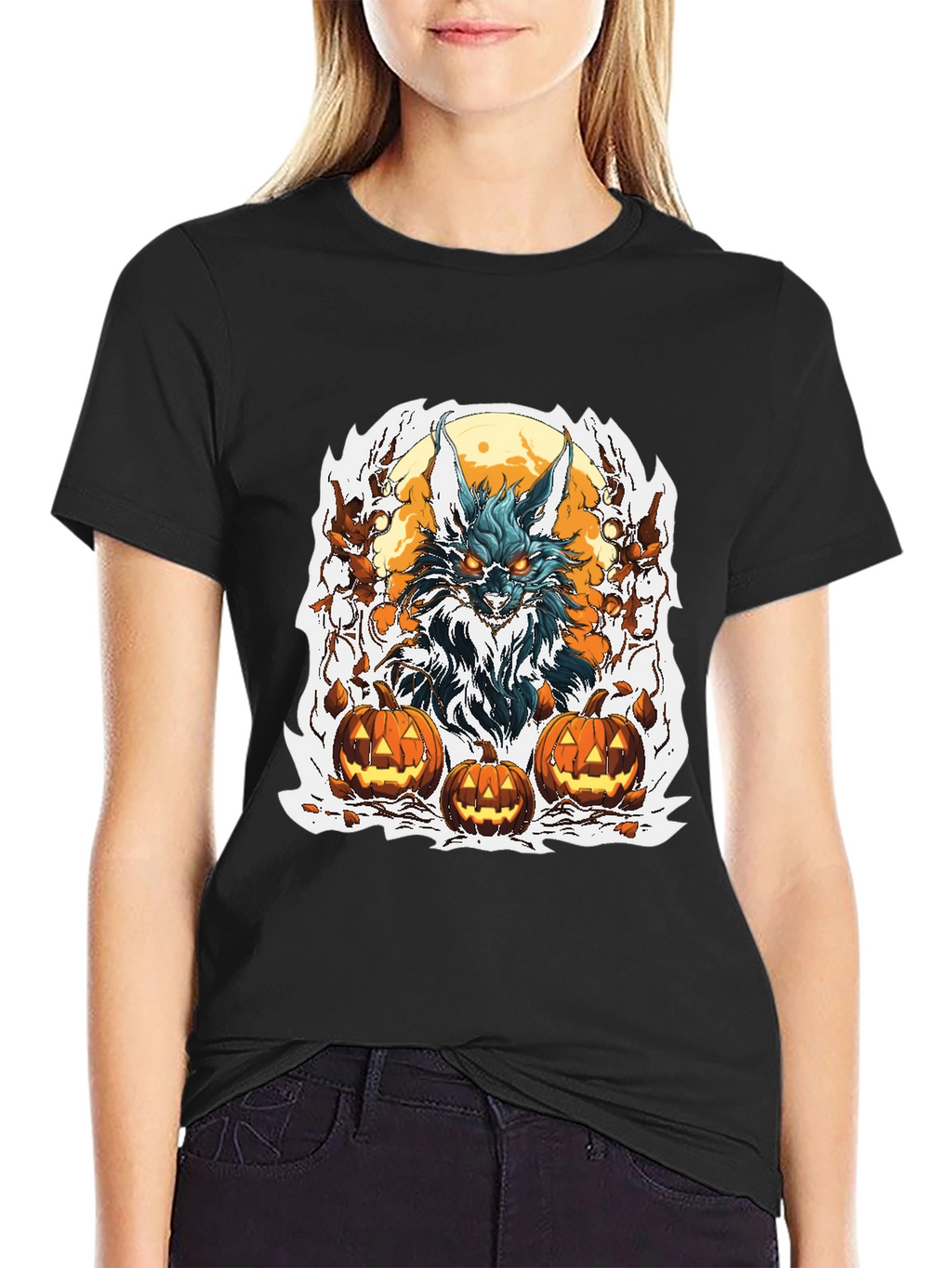 Halloween Wolf & Pumpkin Graphic Tee