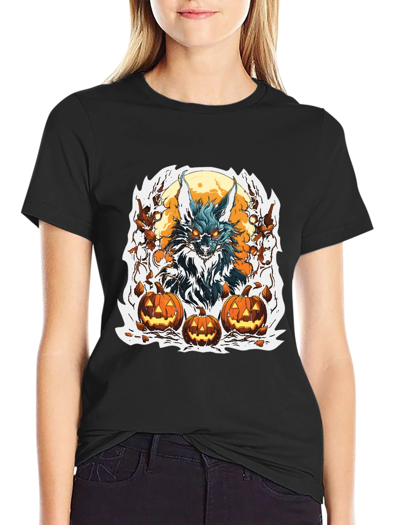 Halloween Wolf & Pumpkin Graphic Tee