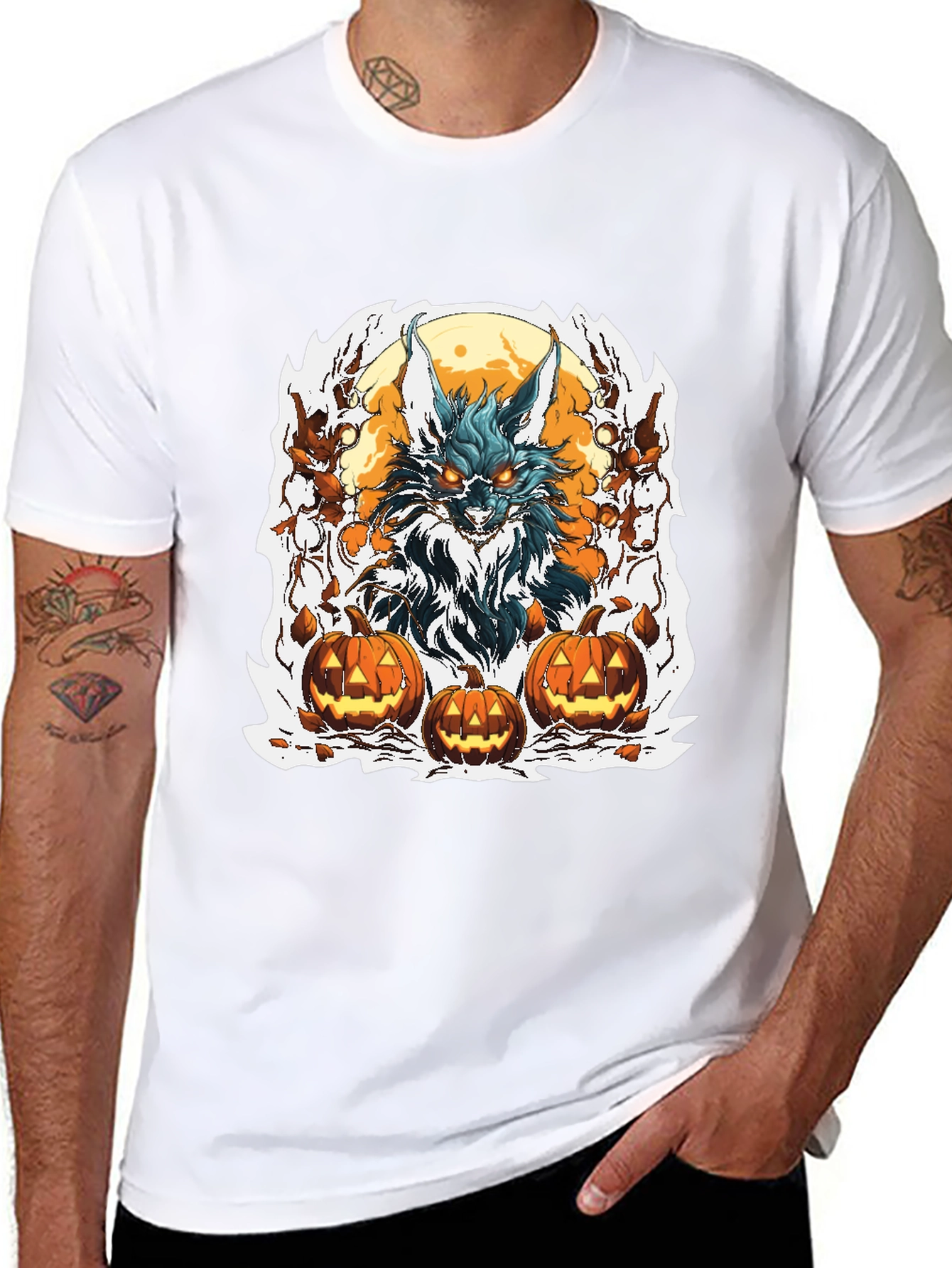 Halloween Wolf & Pumpkin Graphic Tee