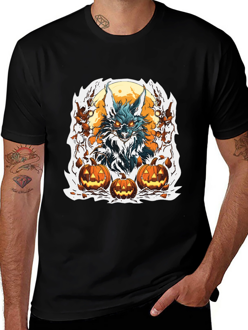 Halloween Wolf & Pumpkin Graphic Tee