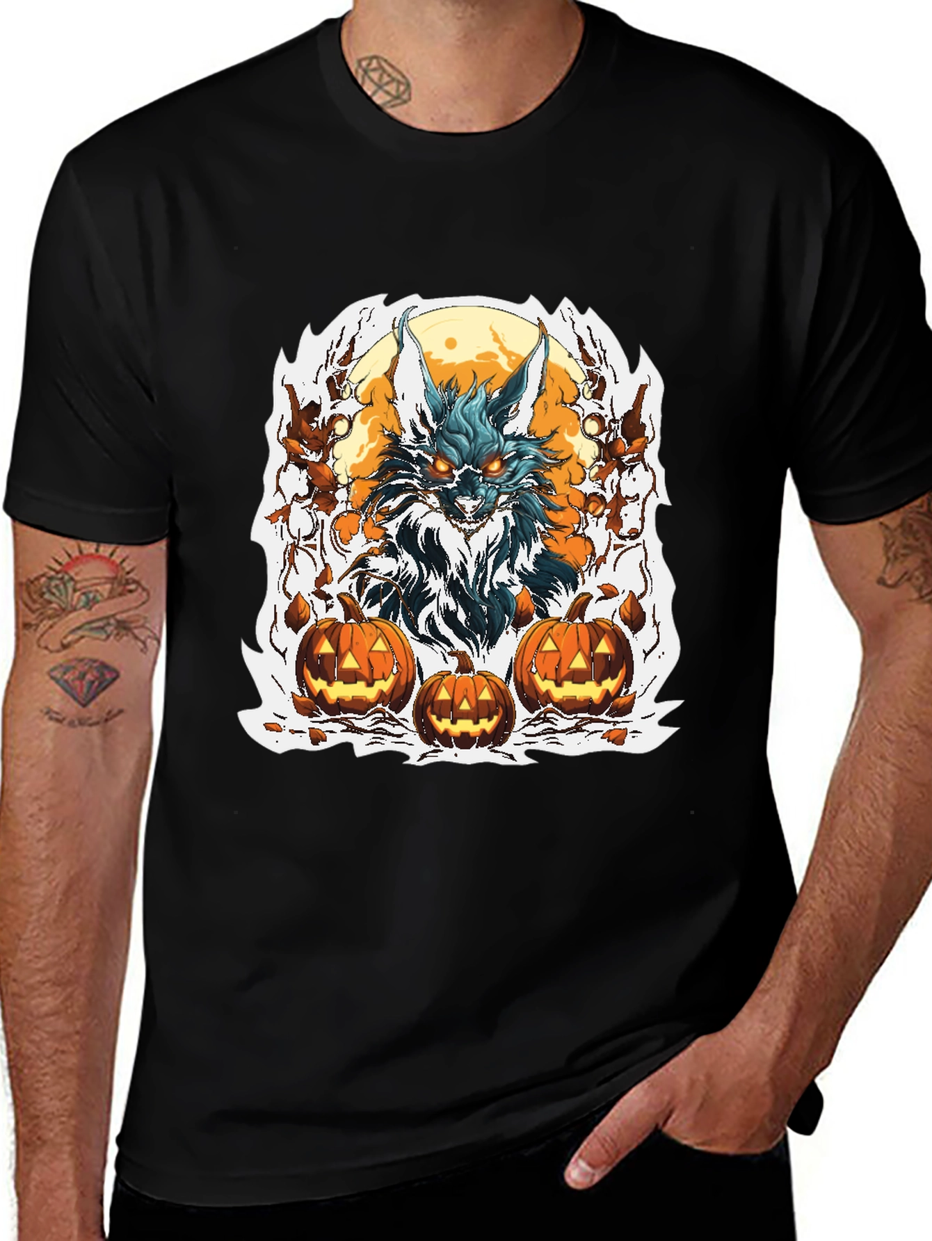 Halloween Wolf & Pumpkin Graphic Tee