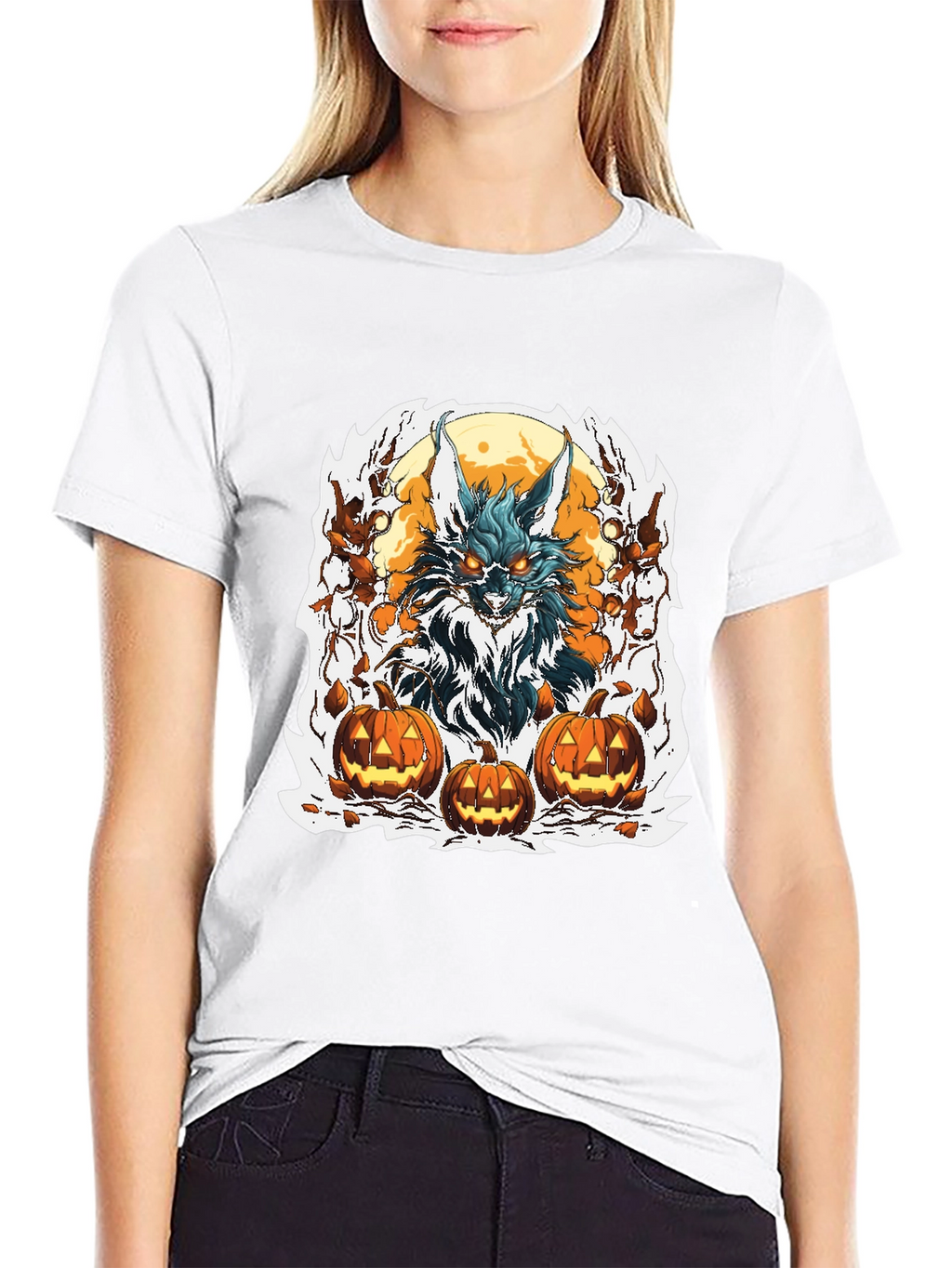 Halloween Wolf & Pumpkin Graphic Tee