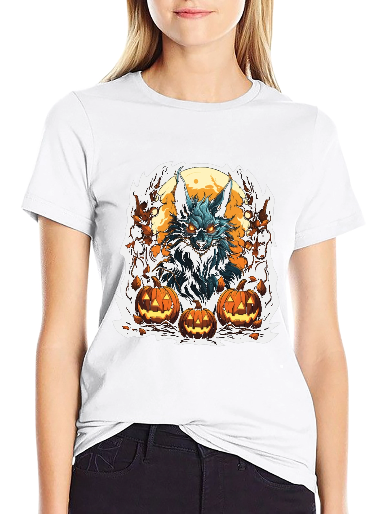Halloween Wolf & Pumpkin Graphic Tee