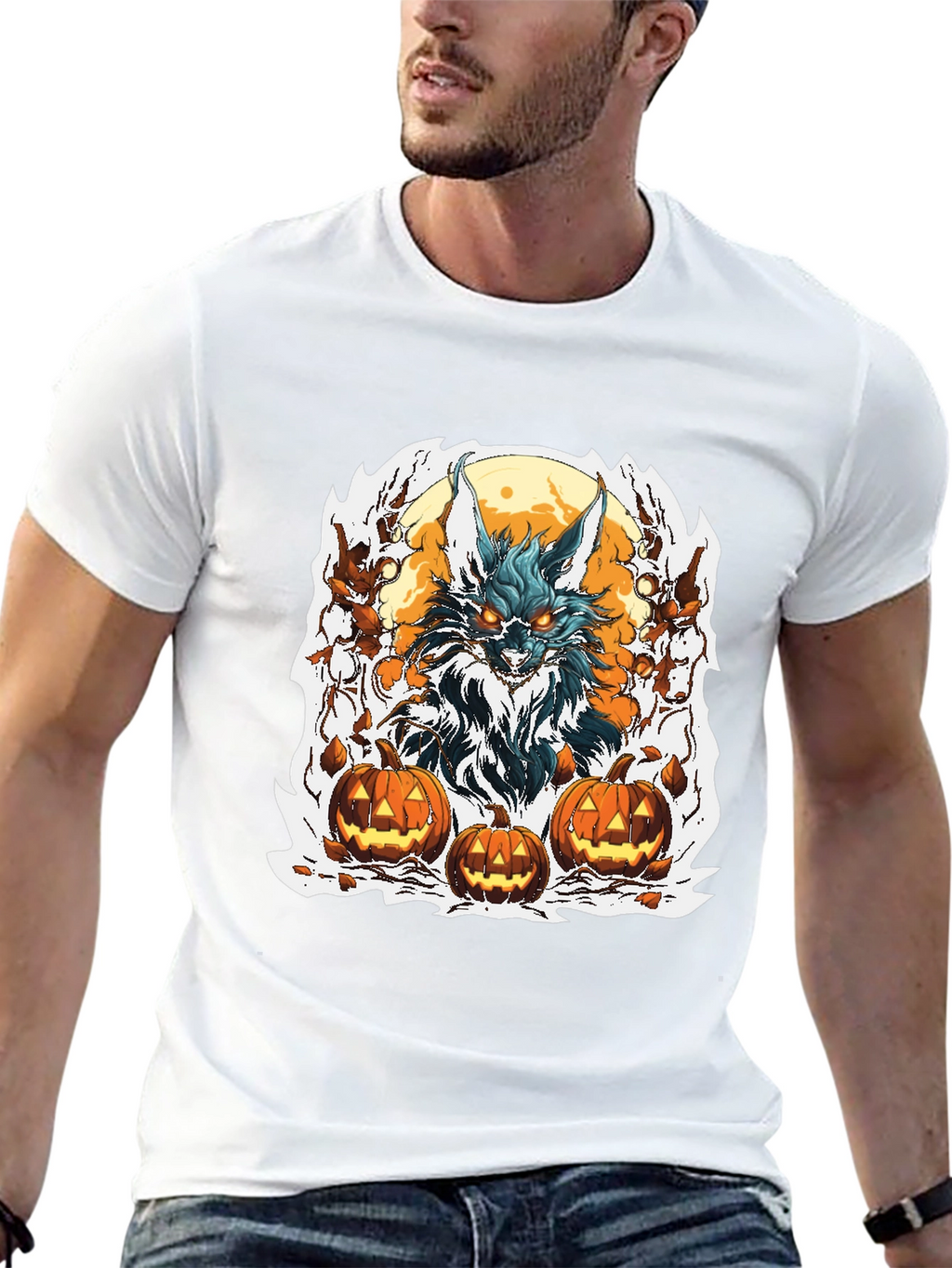 Halloween Wolf & Pumpkin Graphic Tee