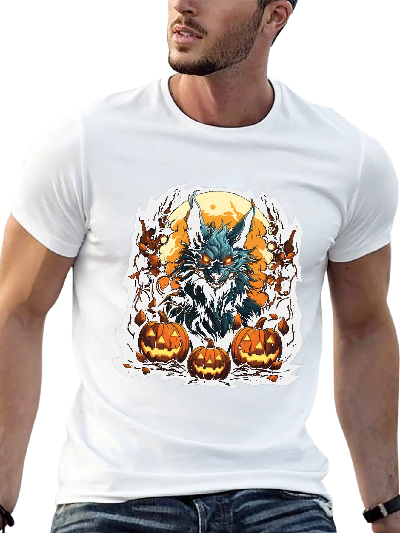 Halloween Wolf & Pumpkin Graphic Tee