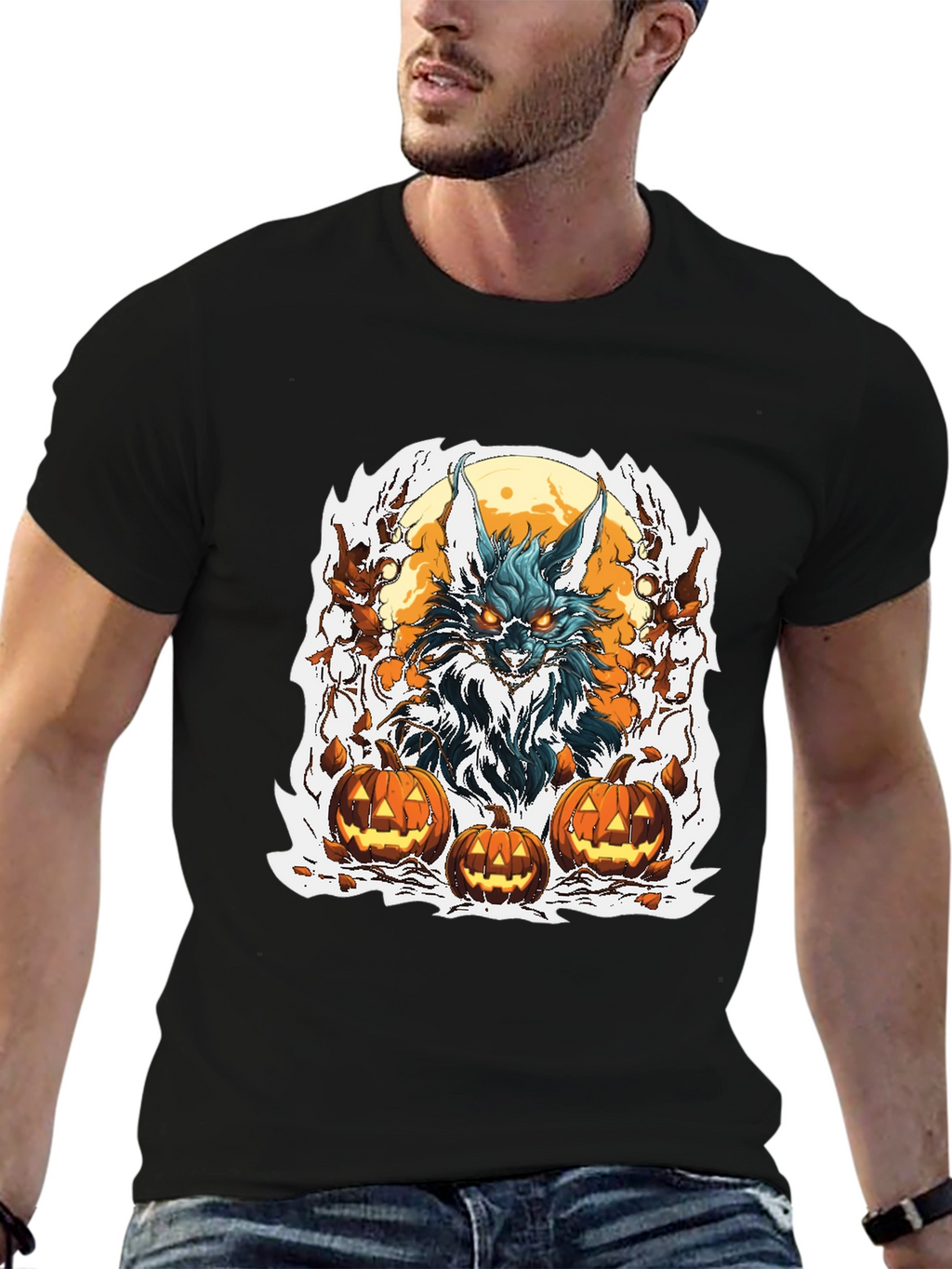 Halloween Wolf & Pumpkin Graphic Tee