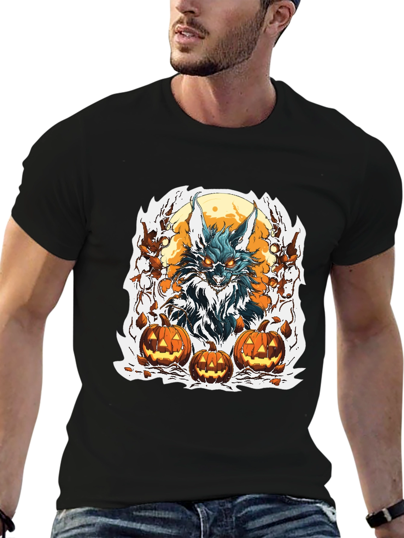 Halloween Wolf & Pumpkin Graphic Tee