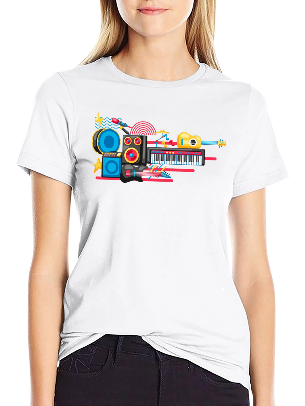 Music Instrument Graphic Print Black T-Shirt