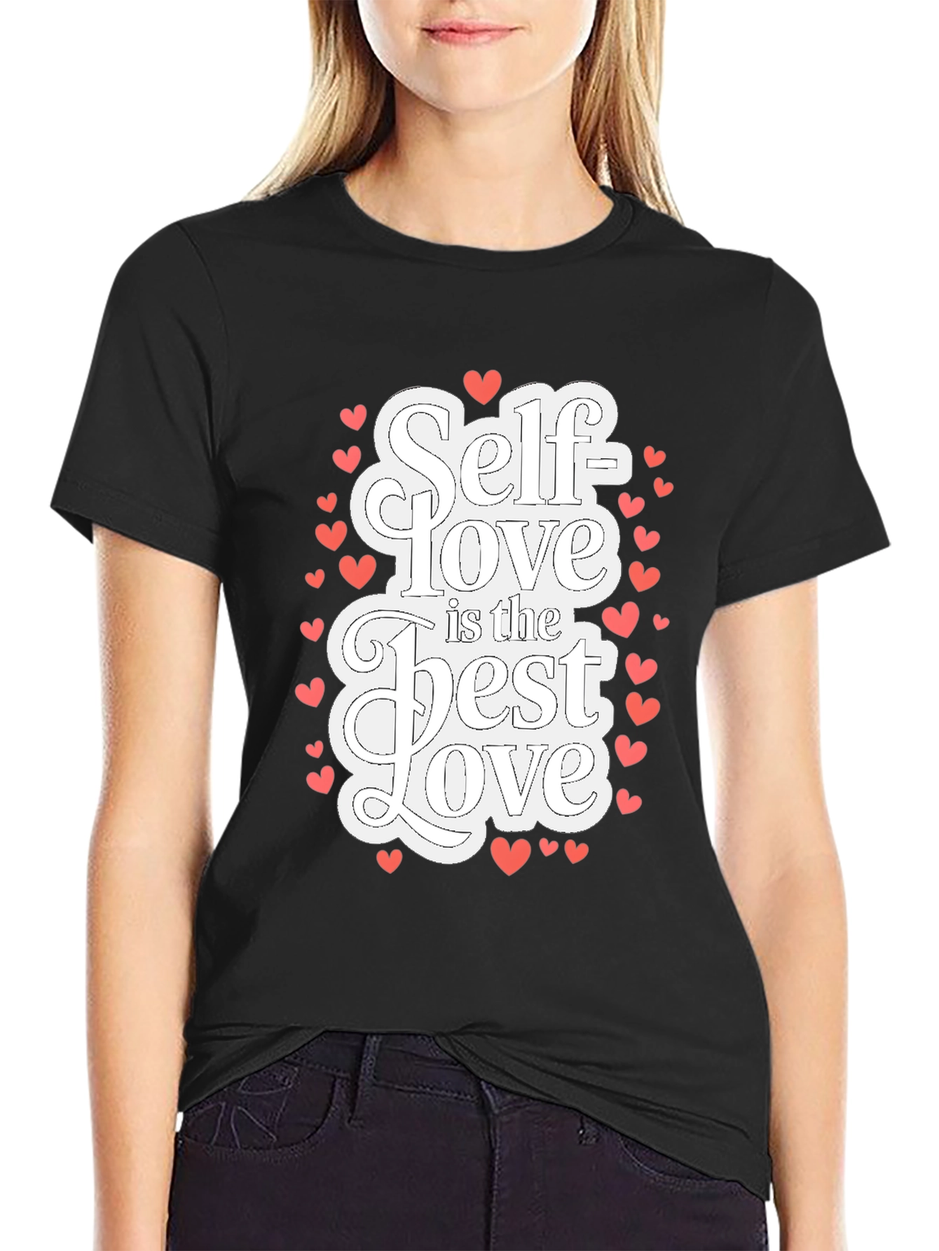 Self Love T-Shirt - Black Cotton Tee with Heart Accents