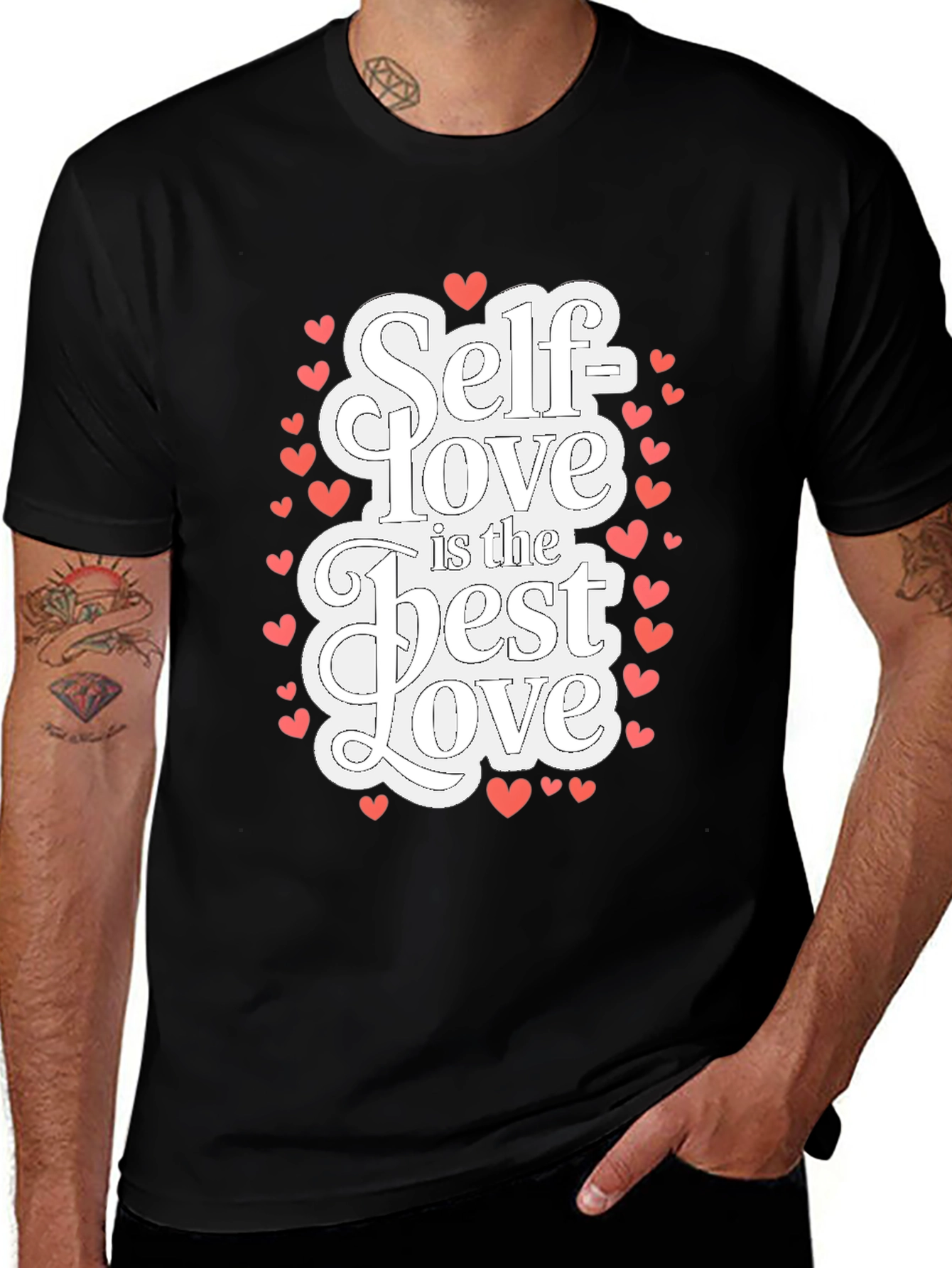 Self Love T-Shirt - Black Cotton Tee with Heart Accents