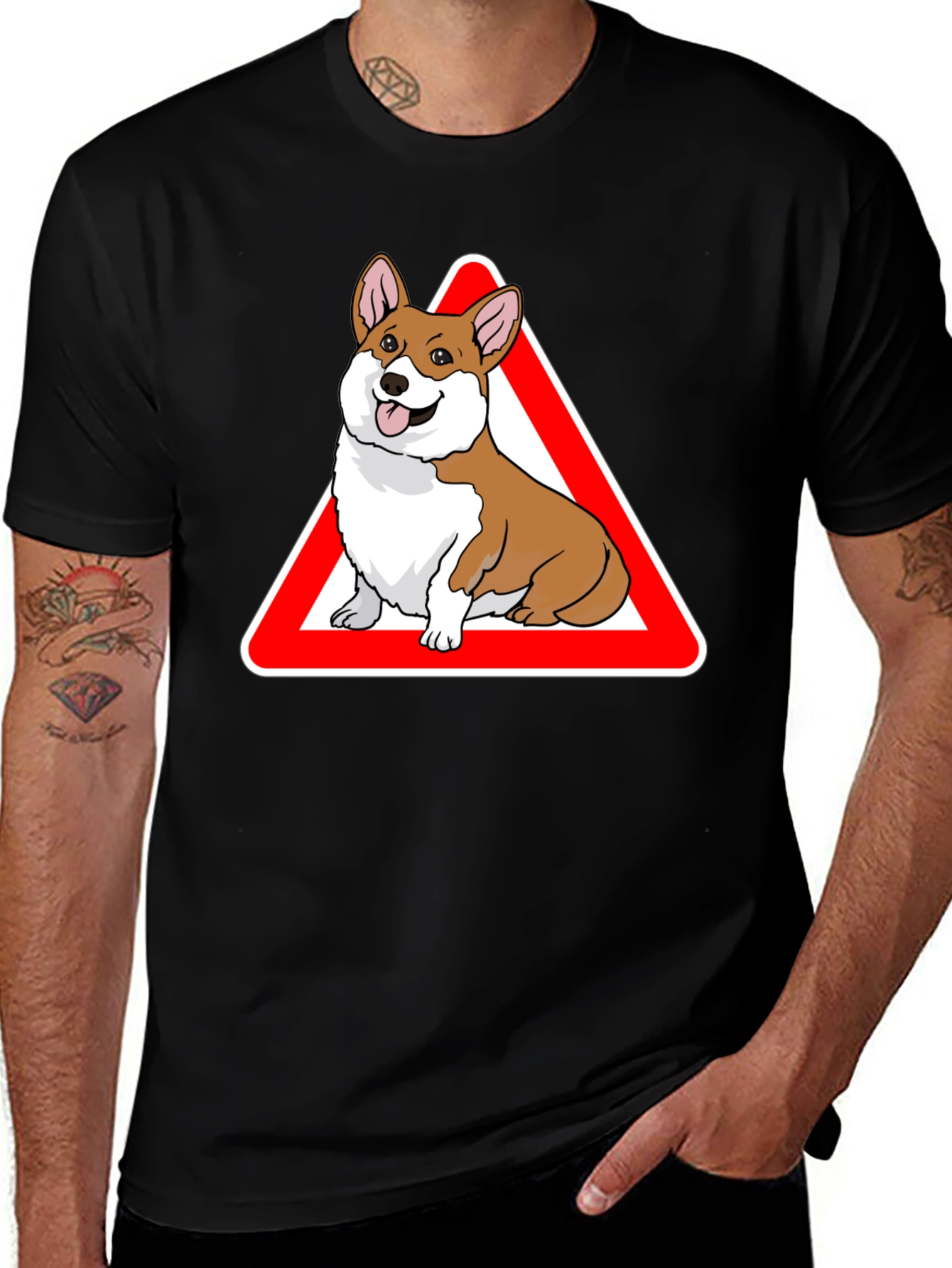 Corgi Warning Sign Black T-Shirt