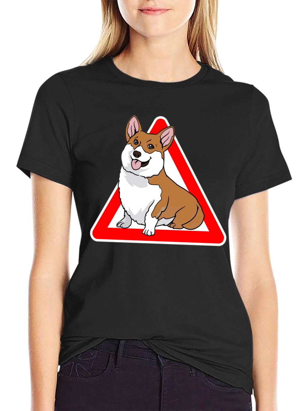 Corgi Warning Sign Black T-Shirt