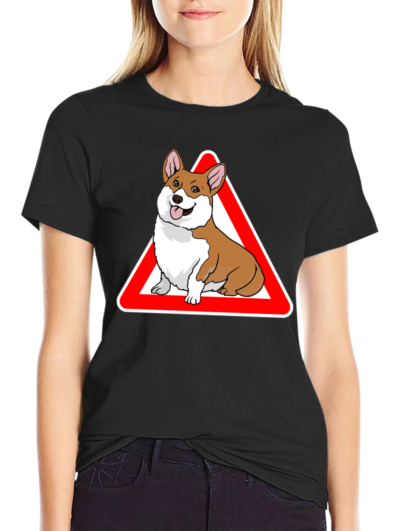 Corgi Warning Sign Black T-Shirt