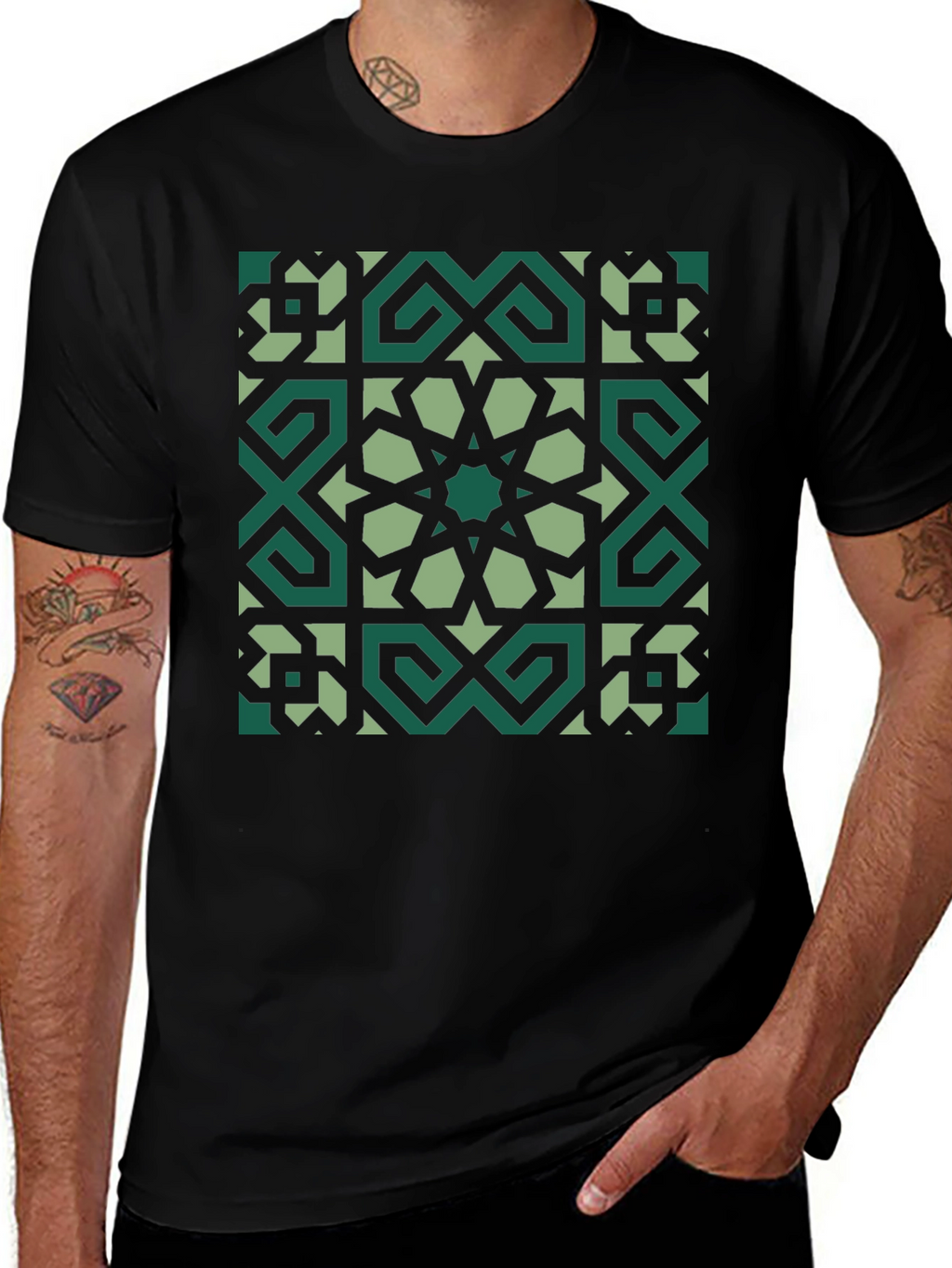 Geometric Pattern Graphic Tee - Black