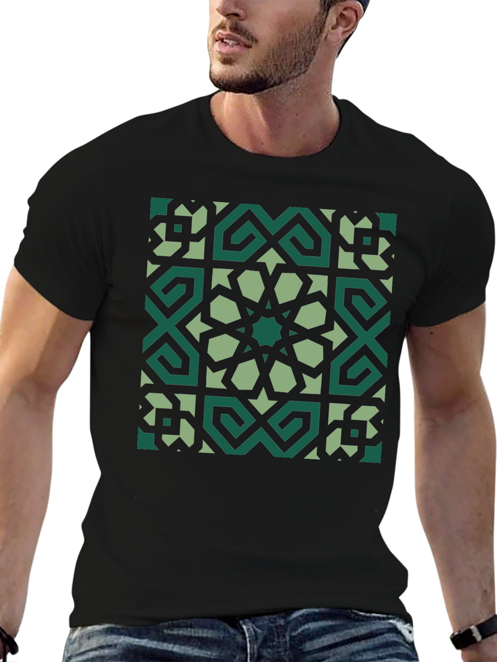 Geometric Pattern Graphic Tee - Black