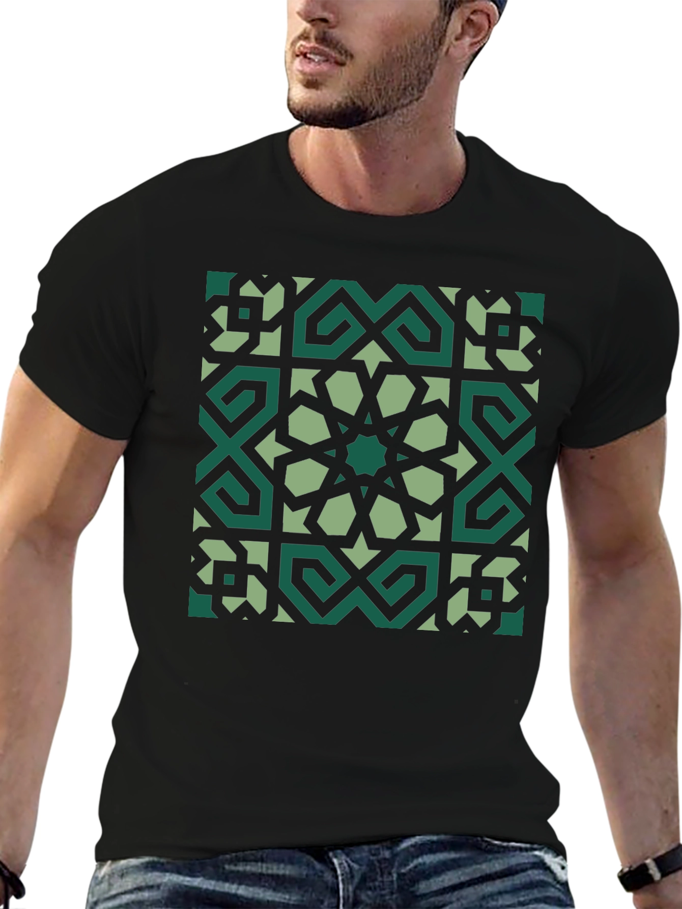 Geometric Pattern Graphic Tee - Black