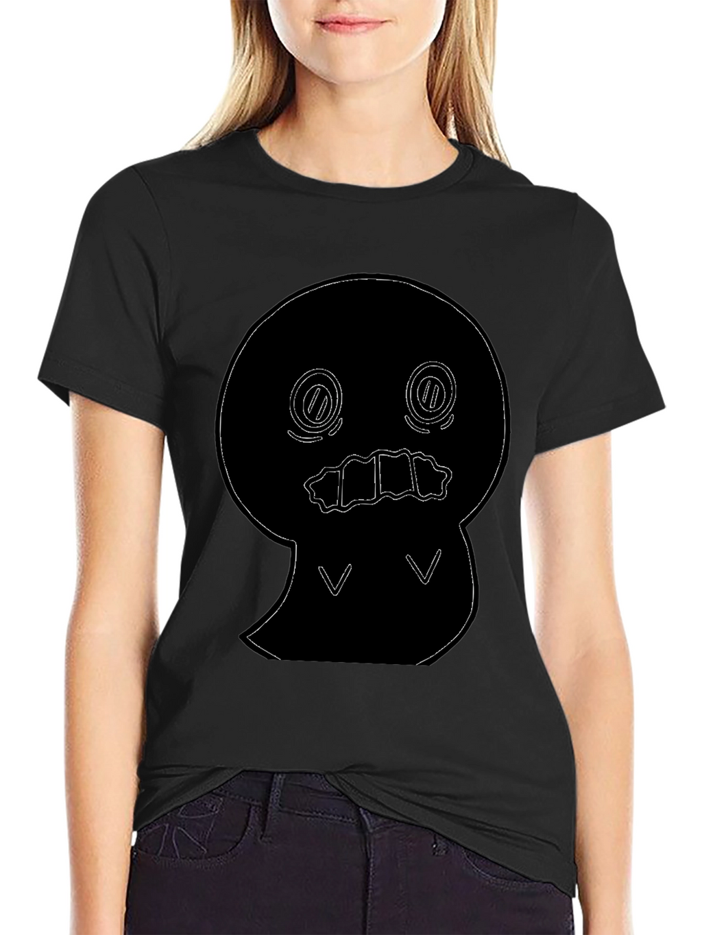 Black T-Shirt with Cute Ghost Outline Graphic