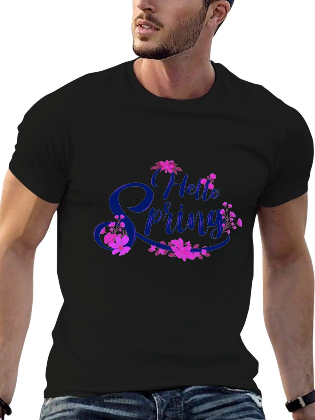 Hello Spring Black T-Shirt Floral Design
