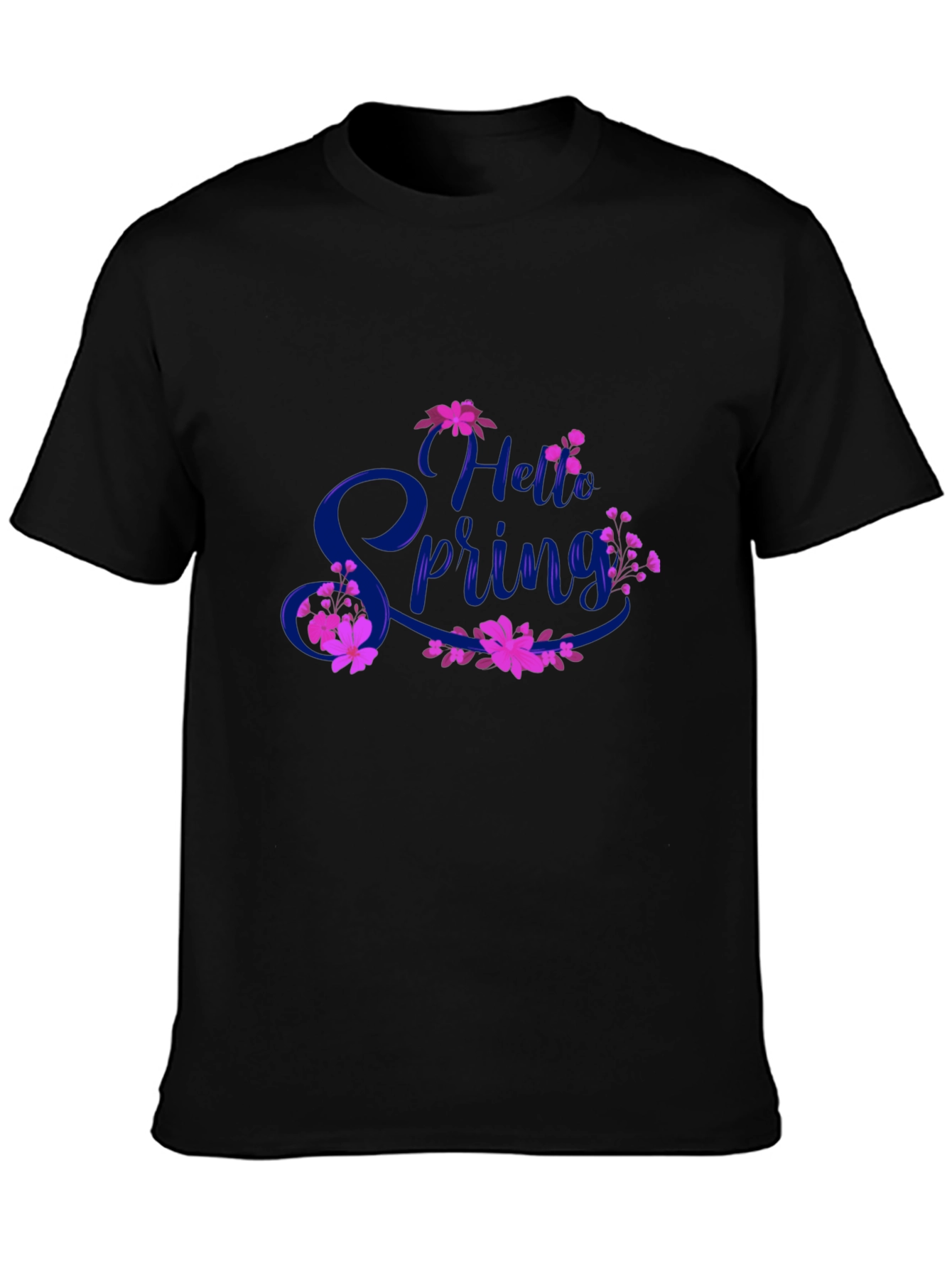 Hello Spring Black T-Shirt Floral Design