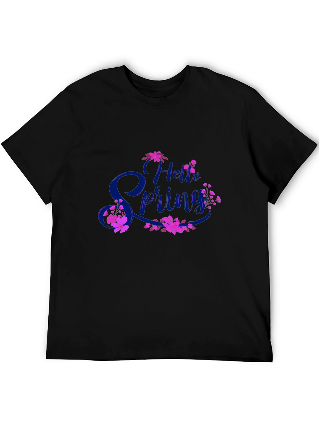 Hello Spring Black T-Shirt Floral Design