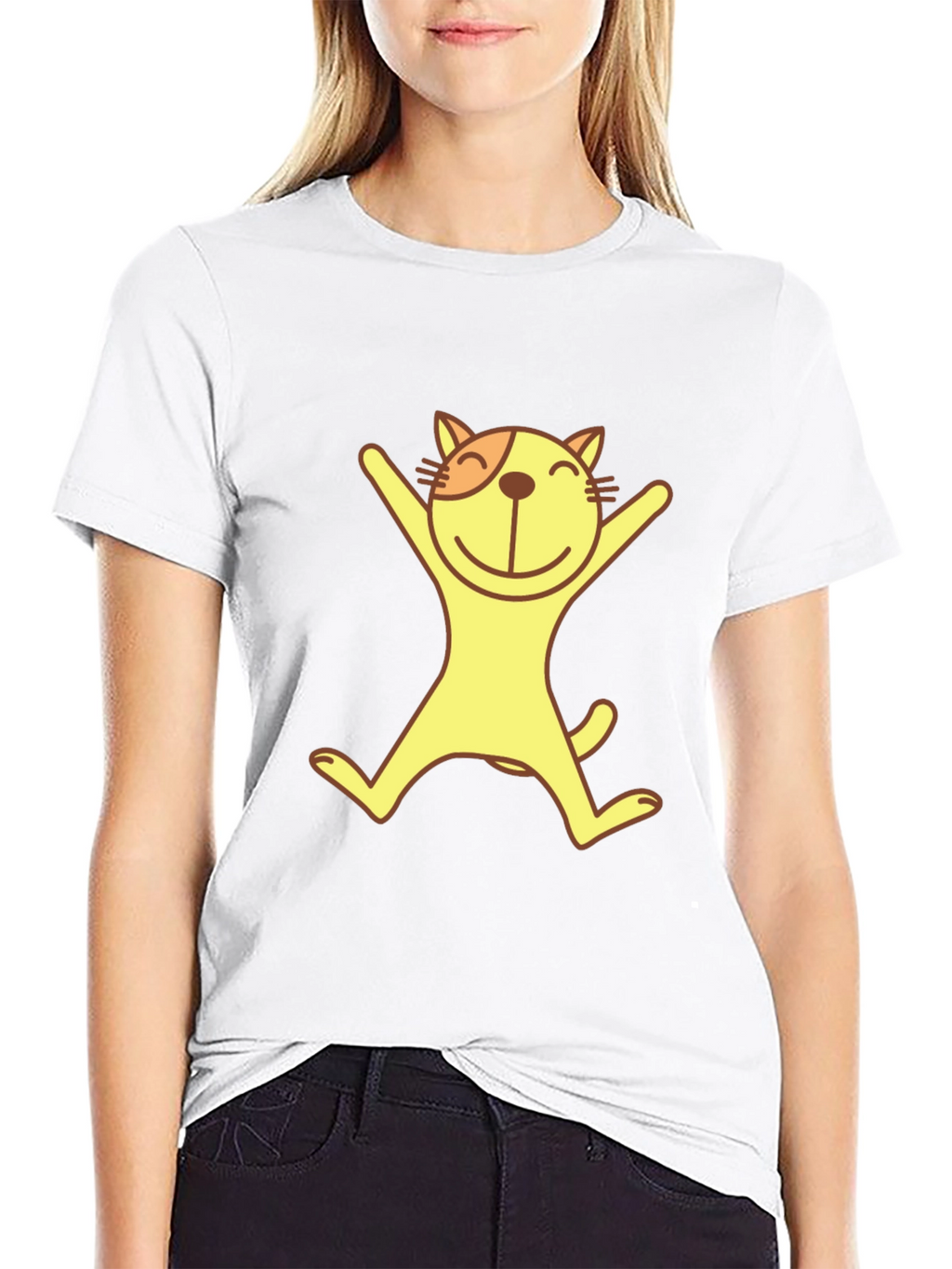 Happy Cat Graphic Tee - Black Cotton T-Shirt