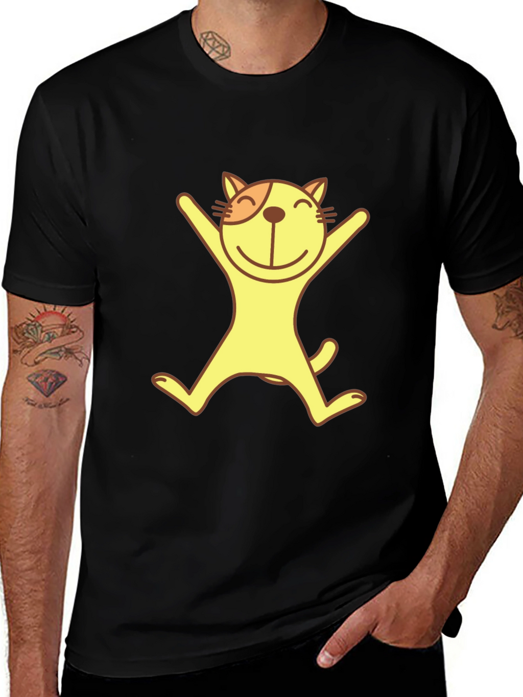 Happy Cat Graphic Tee - Black Cotton T-Shirt
