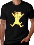 Happy Cat Graphic Tee - Black Cotton T-Shirt