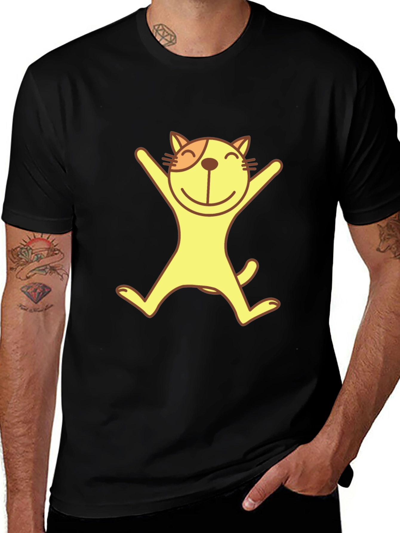 Happy Cat Graphic Tee - Black Cotton T-Shirt