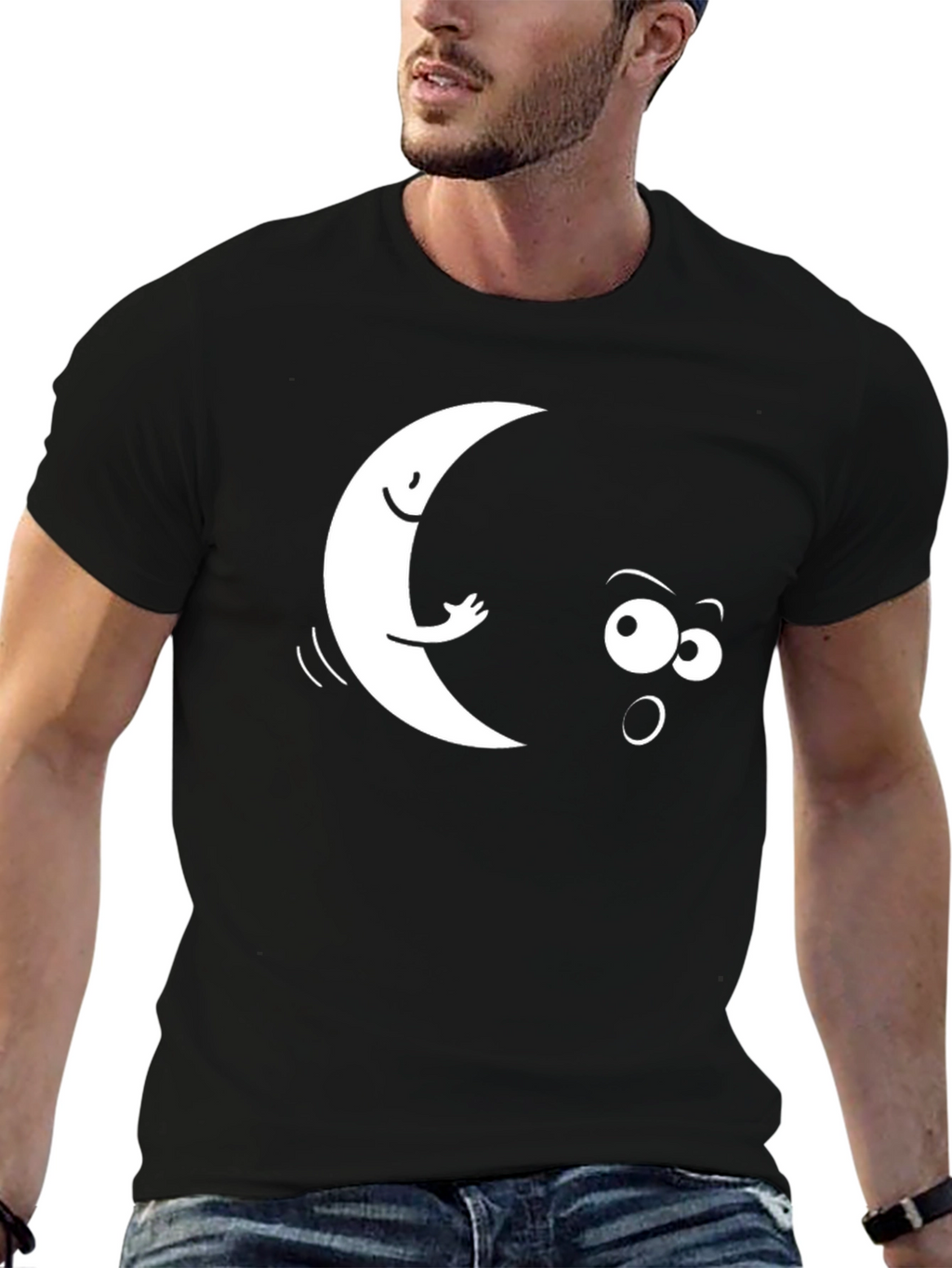 Funny Moon & Star Black Graphic T-Shirt