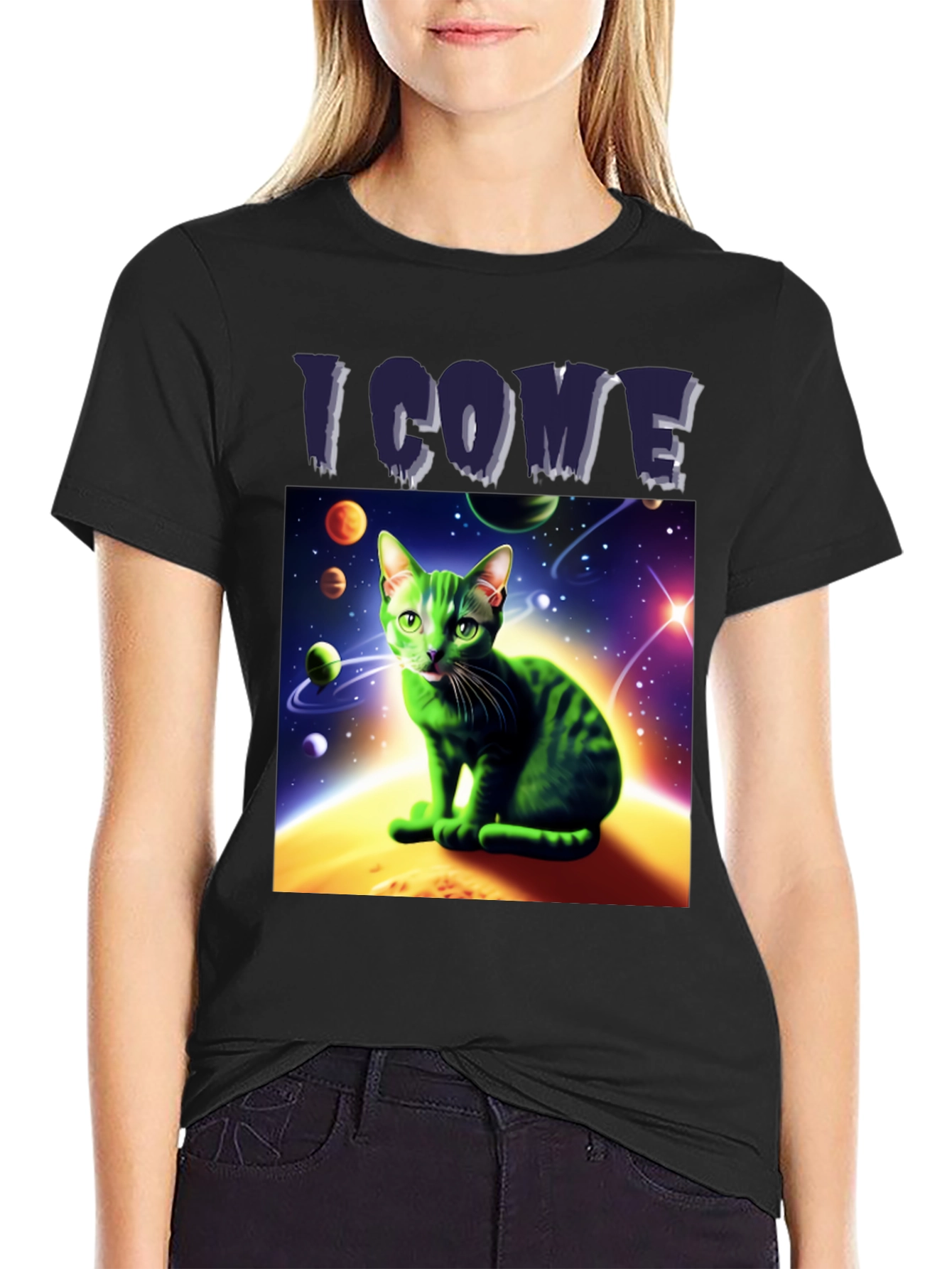 I Come In Peace Cat T-Shirt - Space Alien Green Kitty Tee