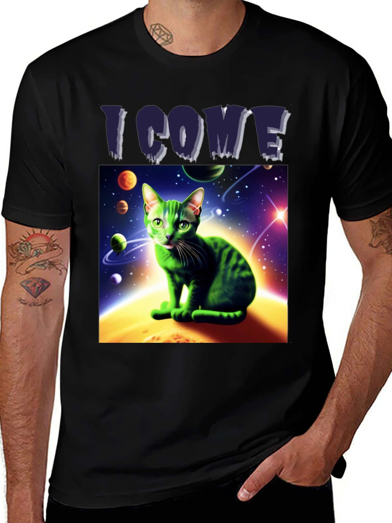 I Come In Peace Cat T-Shirt - Space Alien Green Kitty Tee