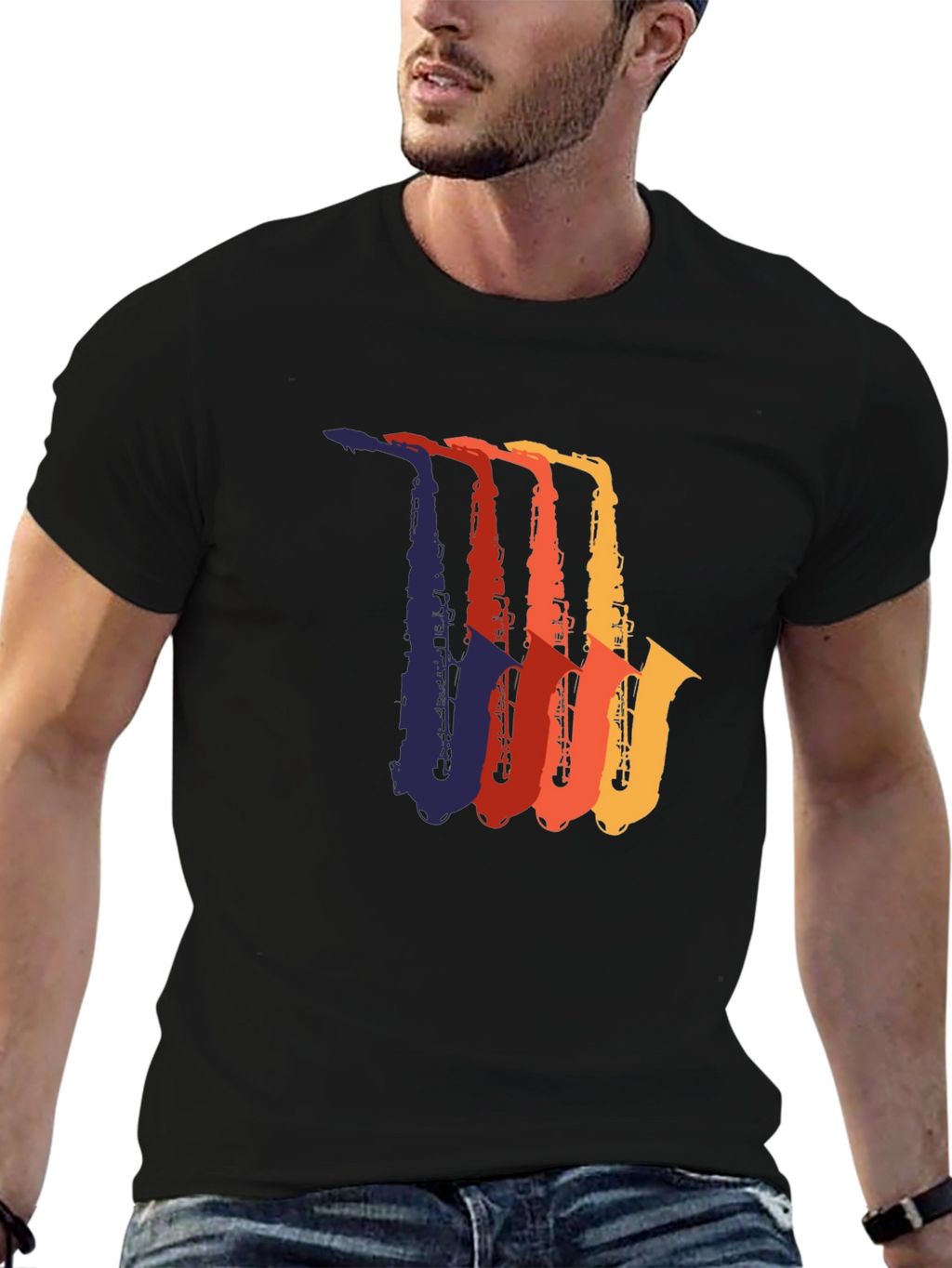 Retro Saxophone Graphic Tee - Black Cotton T-Shirt