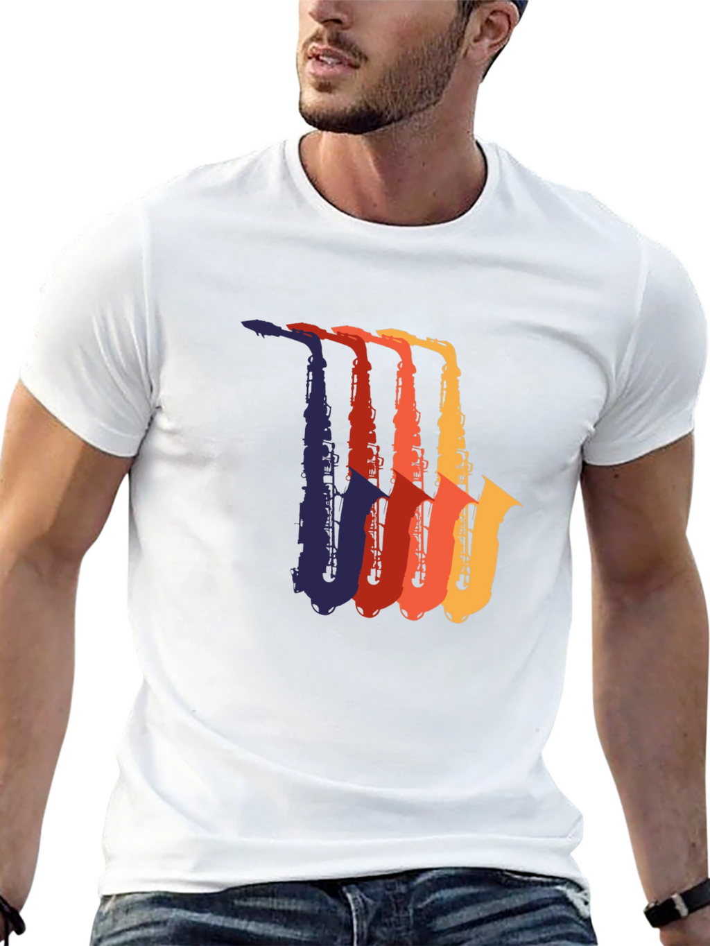 Retro Saxophone Graphic Tee - Black Cotton T-Shirt