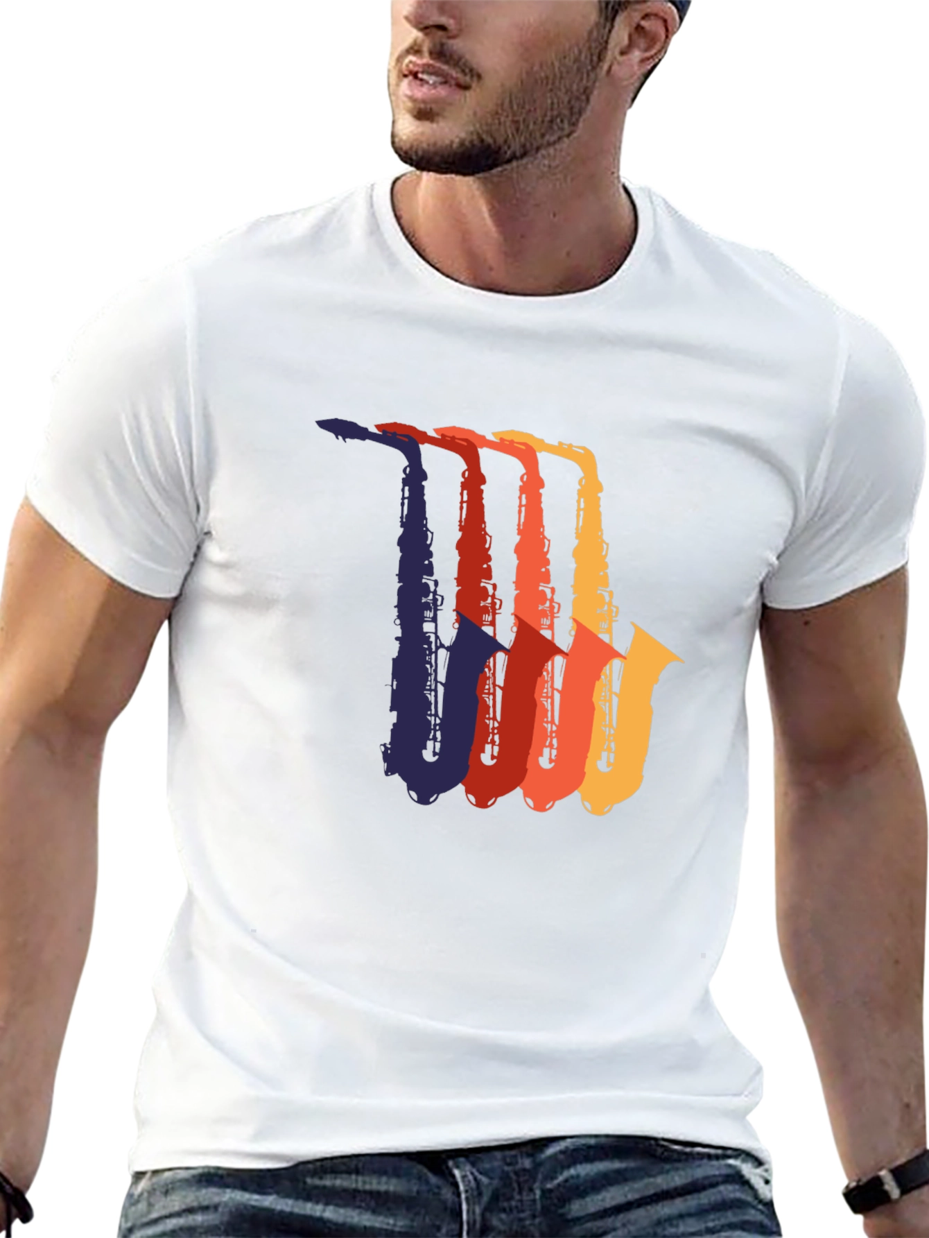 Retro Saxophone Graphic Tee - Black Cotton T-Shirt